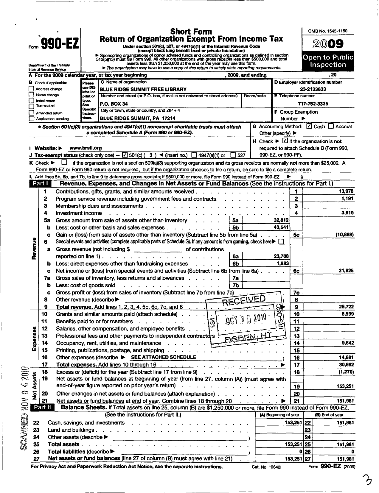 Image of first page of 2009 Form 990EZ for Blue Ridge Summit Free Library