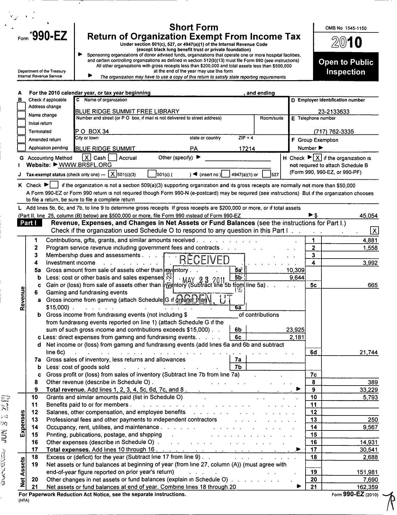 Image of first page of 2010 Form 990EZ for Blue Ridge Summit Free Library