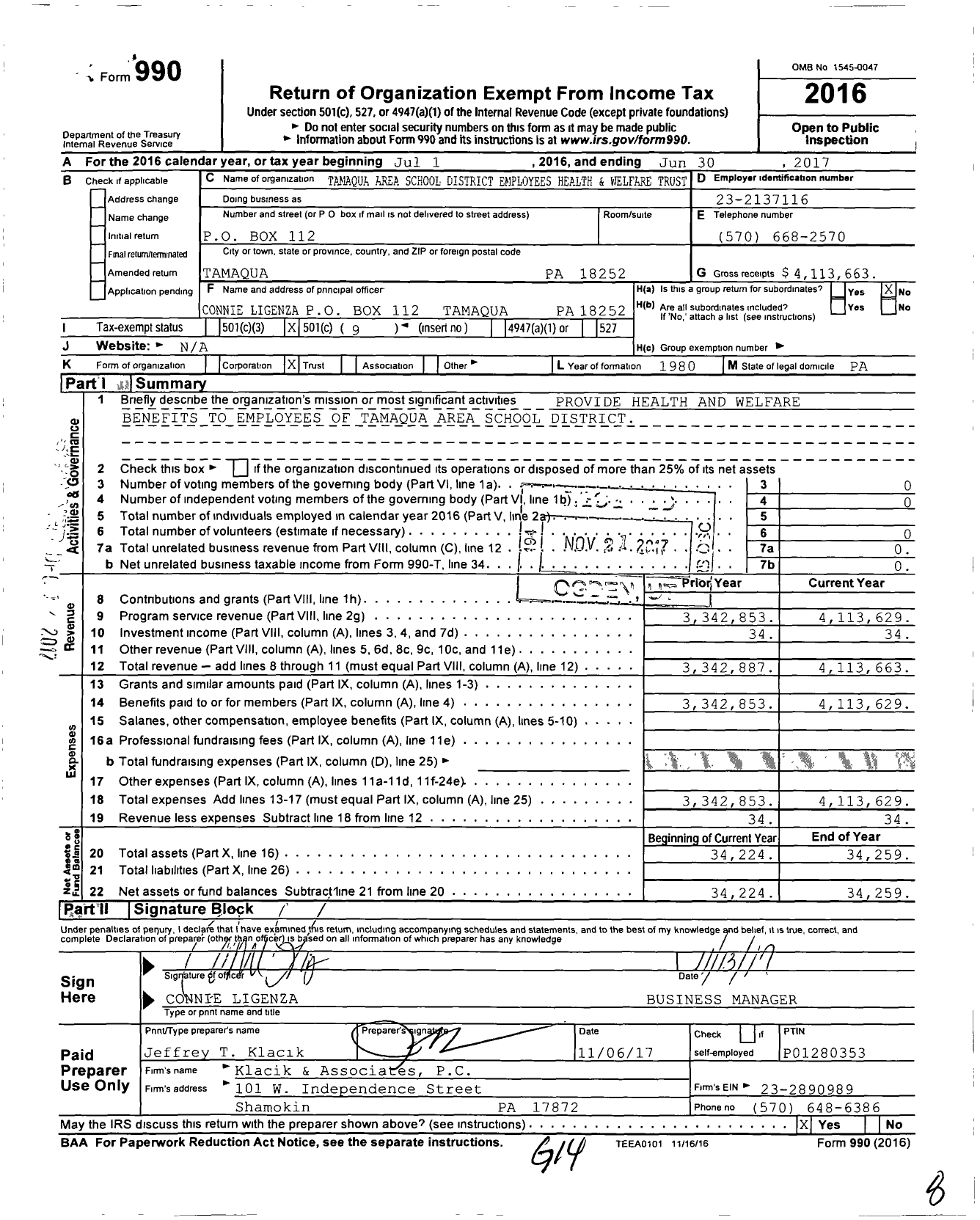 Image of first page of 2016 Form 990O for Tamaqua Area School Employees Health and Welfare Trust
