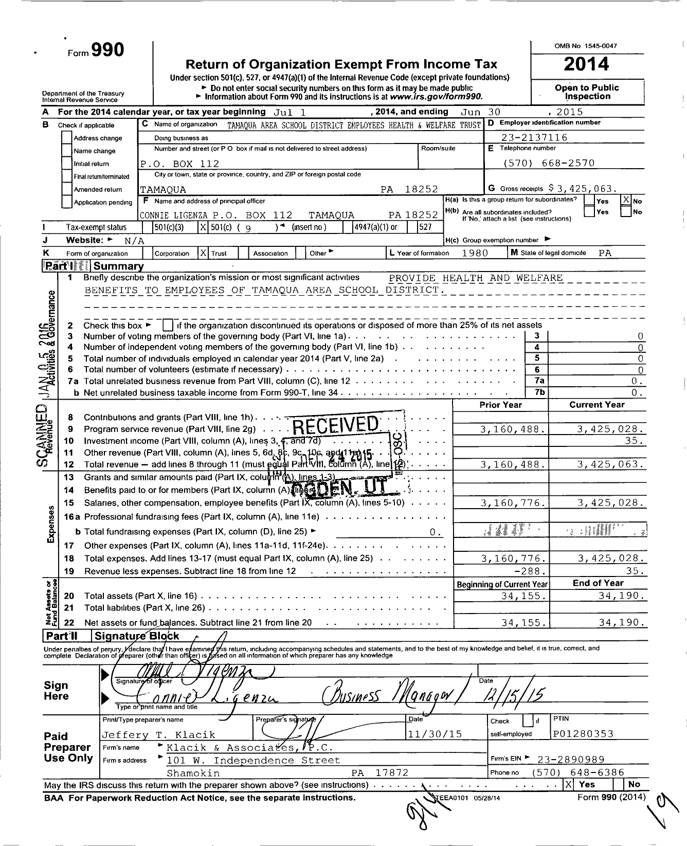 Image of first page of 2014 Form 990O for Tamaqua Area School Employees Health and Welfare Trust