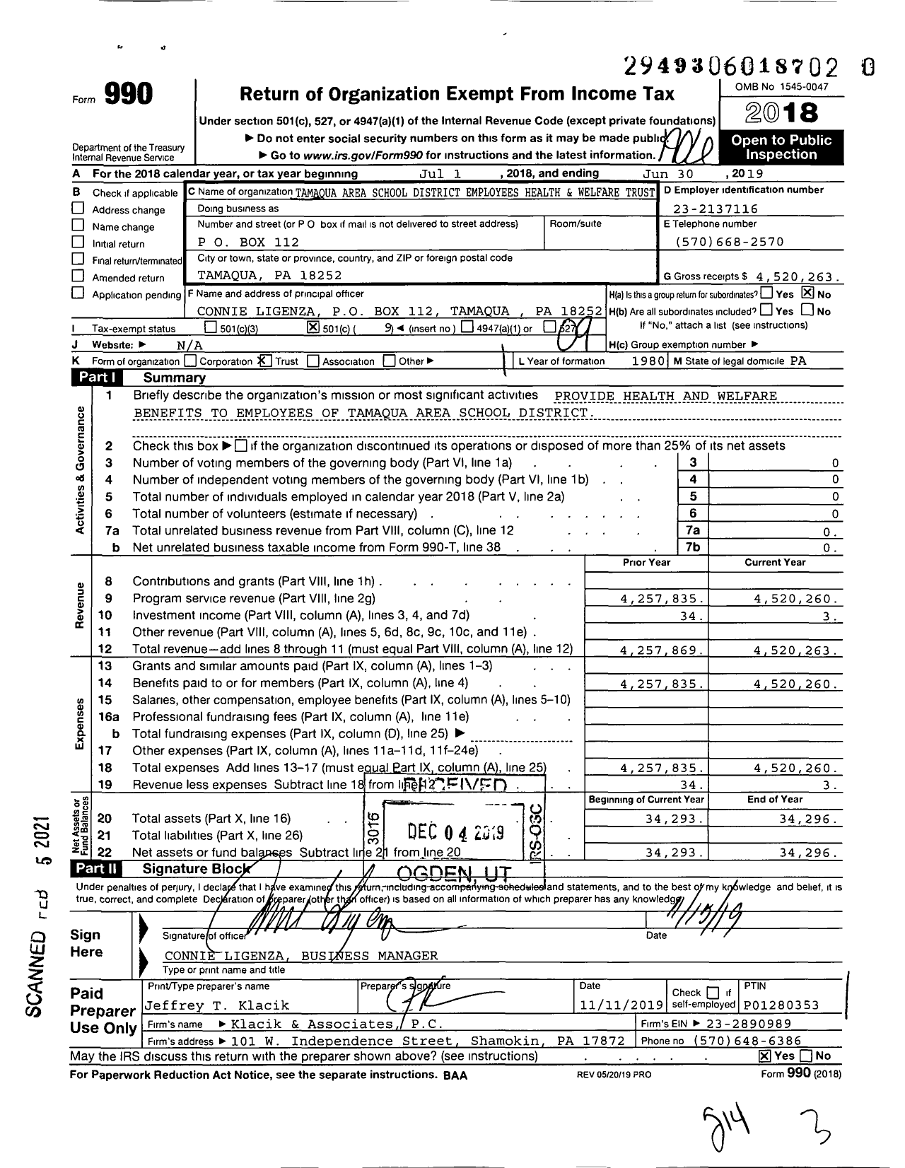 Image of first page of 2018 Form 990O for Tamaqua Area School Employees Health and Welfare Trust