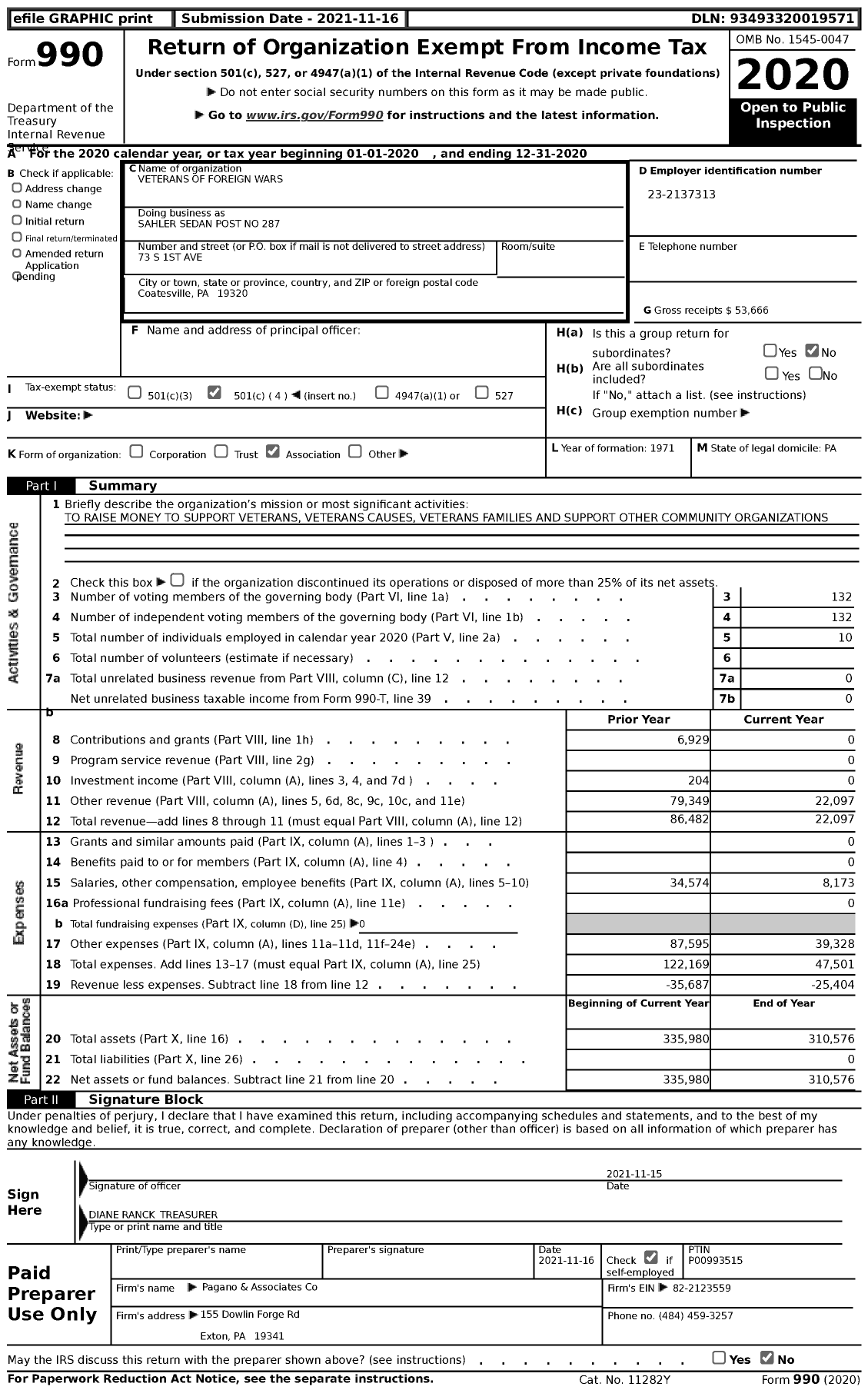 Image of first page of 2020 Form 990 for VFW Department of Pennsylvania - Sahler Sedan Post No 287