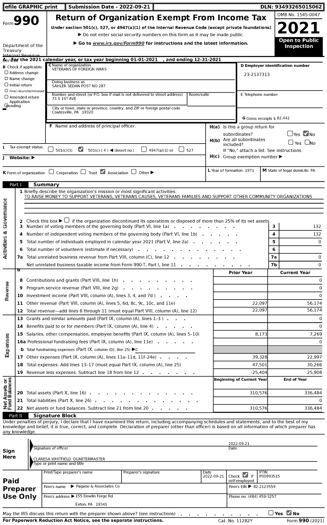 Image of first page of 2021 Form 990 for VFW Department of Pennsylvania - Sahler Sedan Post No 287
