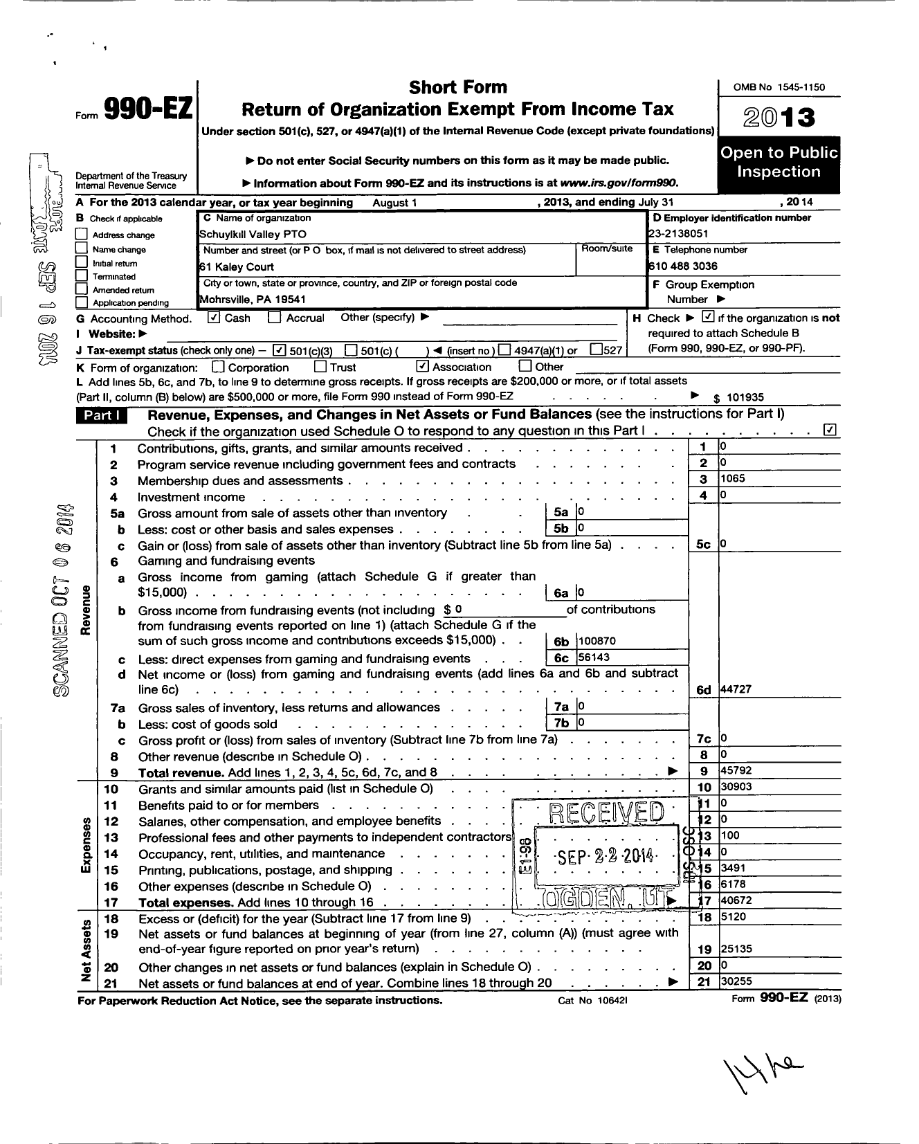 Image of first page of 2013 Form 990EZ for Schuylkill Valley PTO