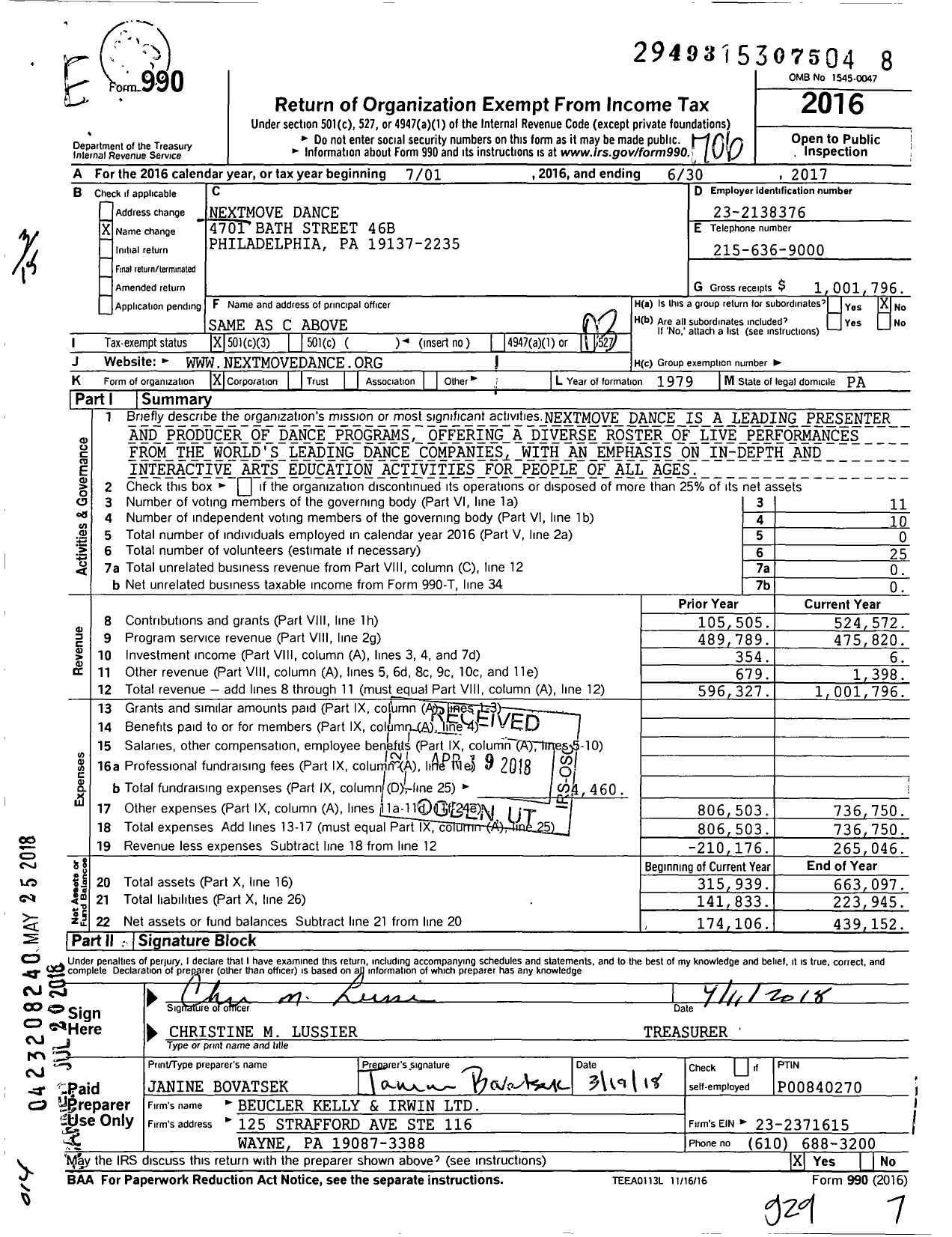 Image of first page of 2016 Form 990 for Nextmove Dance