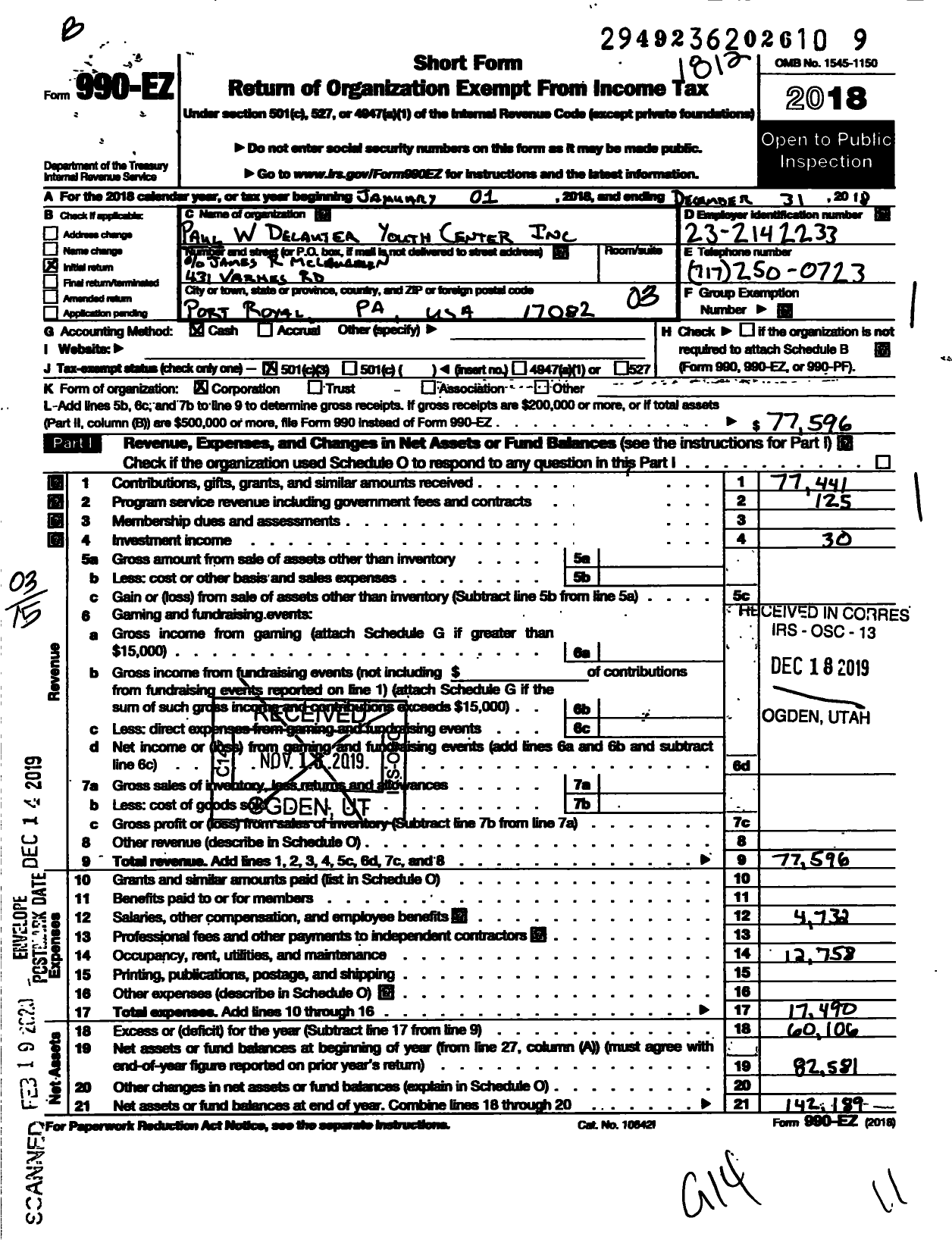 Image of first page of 2018 Form 990EZ for Paul W Delauter Youth Center