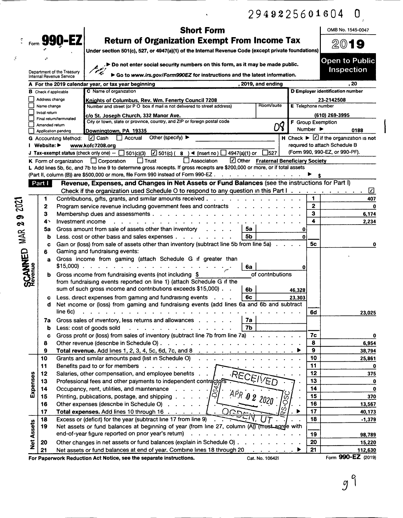 Image of first page of 2019 Form 990EO for KNIGHTS OF COLUMBUS - 7208 Father William J Fenerty Counc