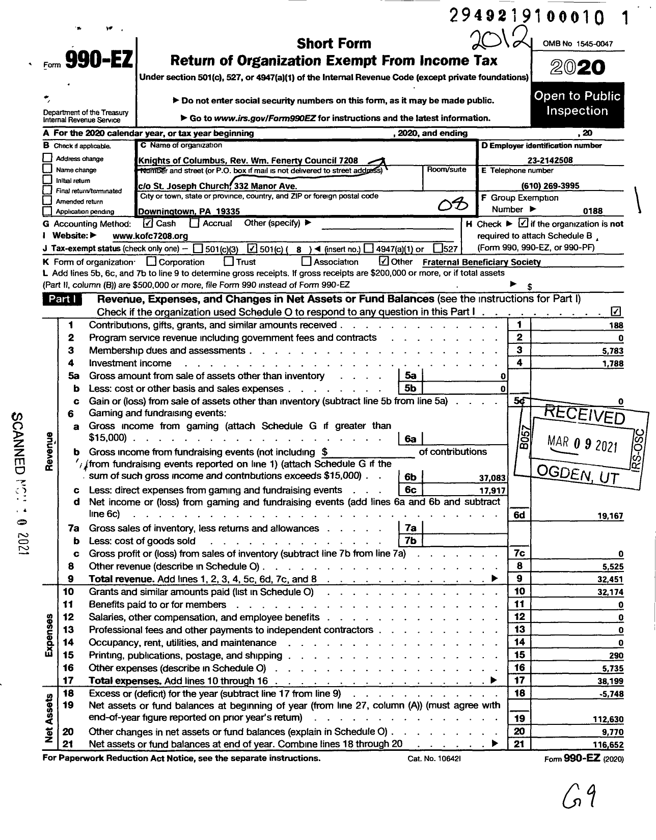 Image of first page of 2020 Form 990EO for KNIGHTS OF COLUMBUS - 7208 Father William J Fenerty Counc