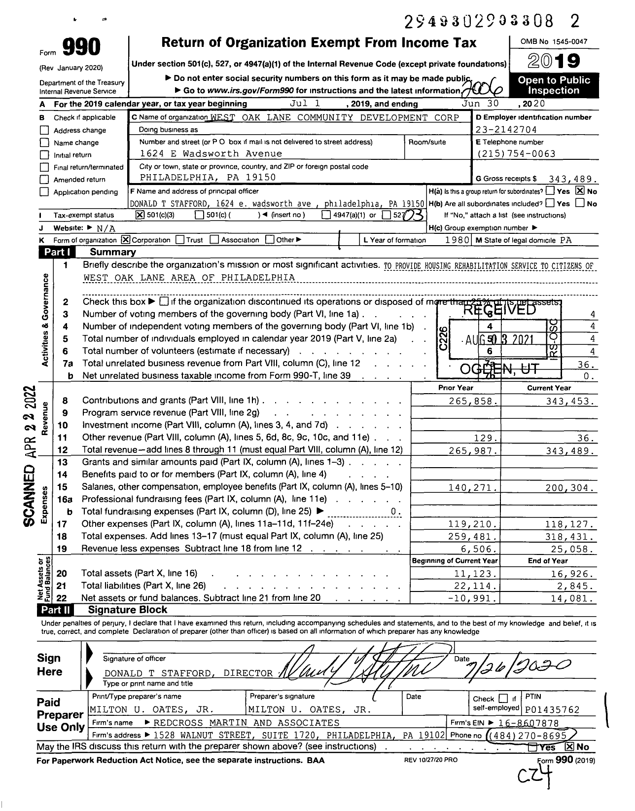 Image of first page of 2019 Form 990 for West Oak Lane Community Development Corporation