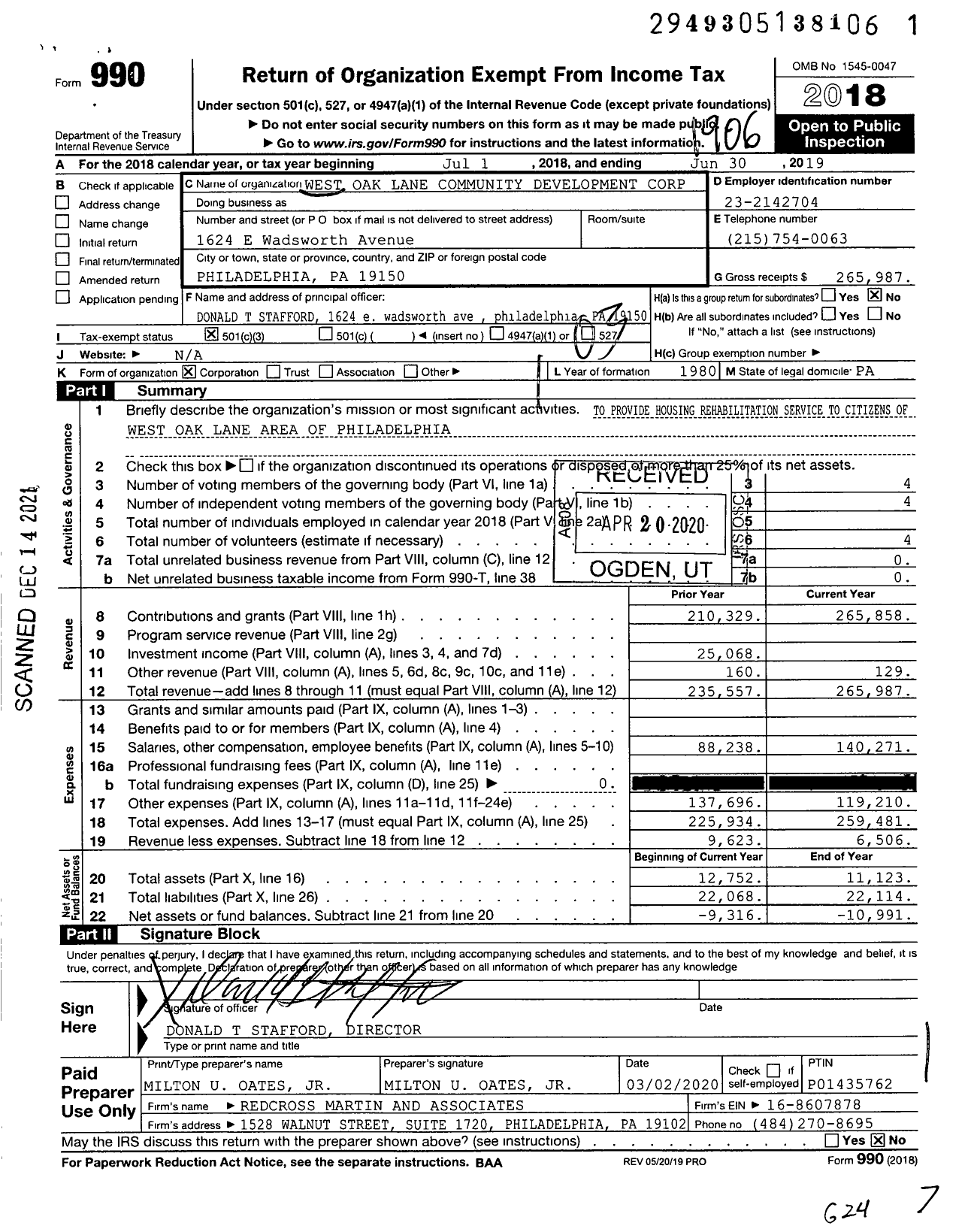 Image of first page of 2018 Form 990 for West Oak Lane Community Development Corporation