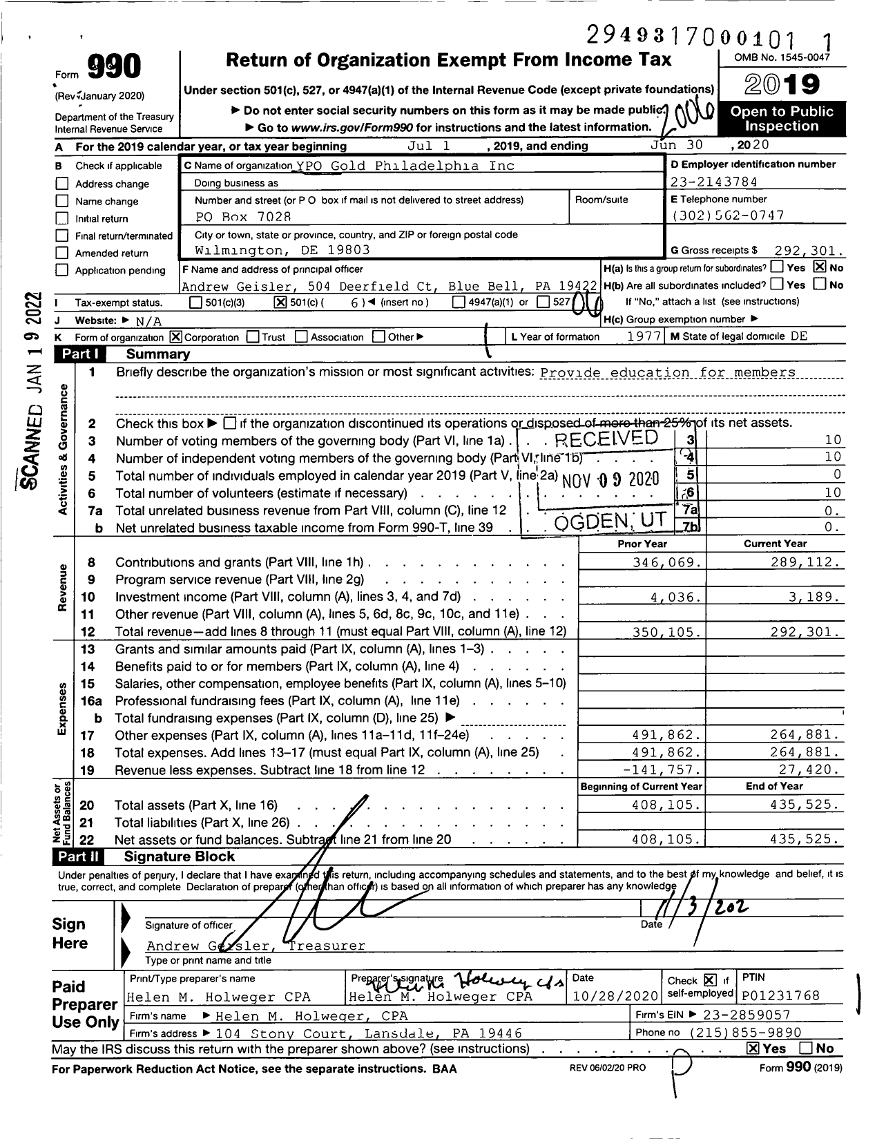 Image of first page of 2019 Form 990O for Young Presidents' Organization - YPO Gold Philadelphia