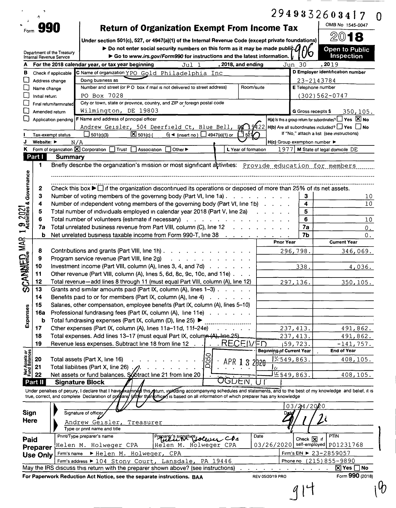 Image of first page of 2018 Form 990O for Young Presidents' Organization - YPO Gold Philadelphia