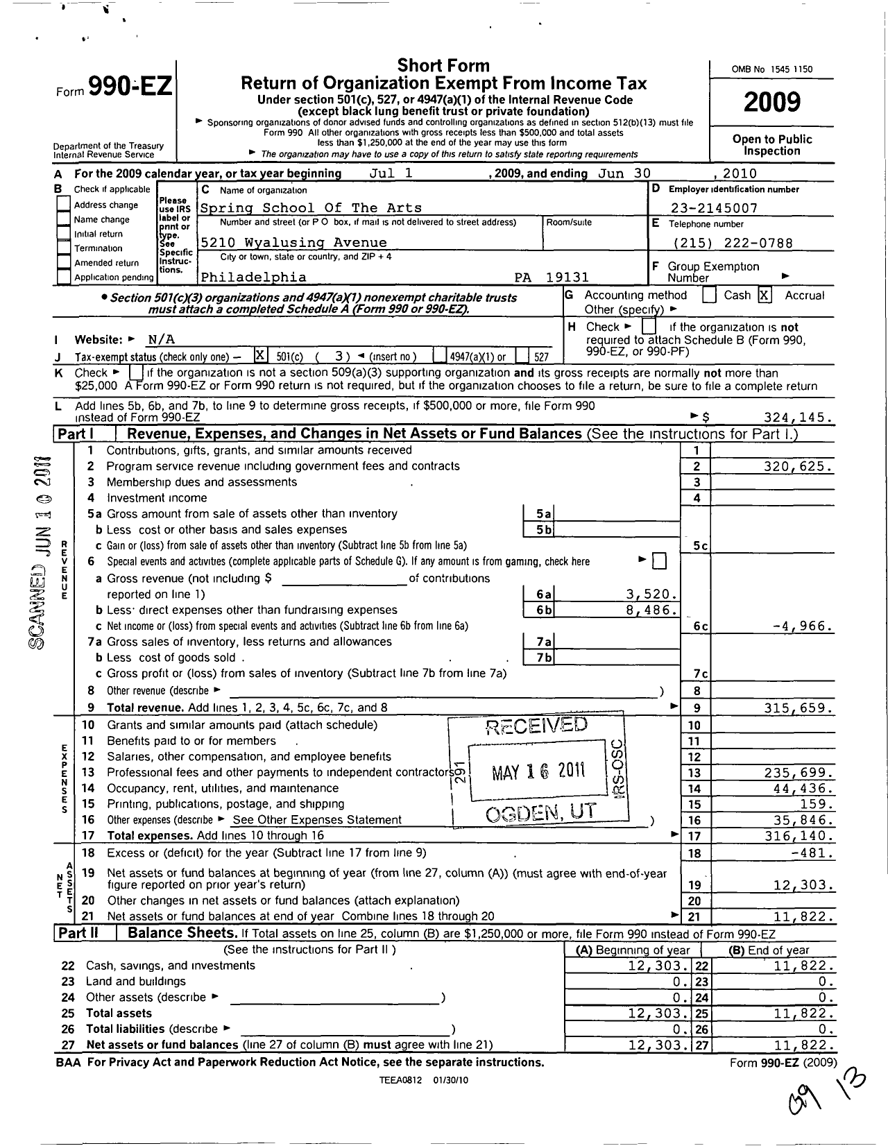 Image of first page of 2009 Form 990EZ for Spring School