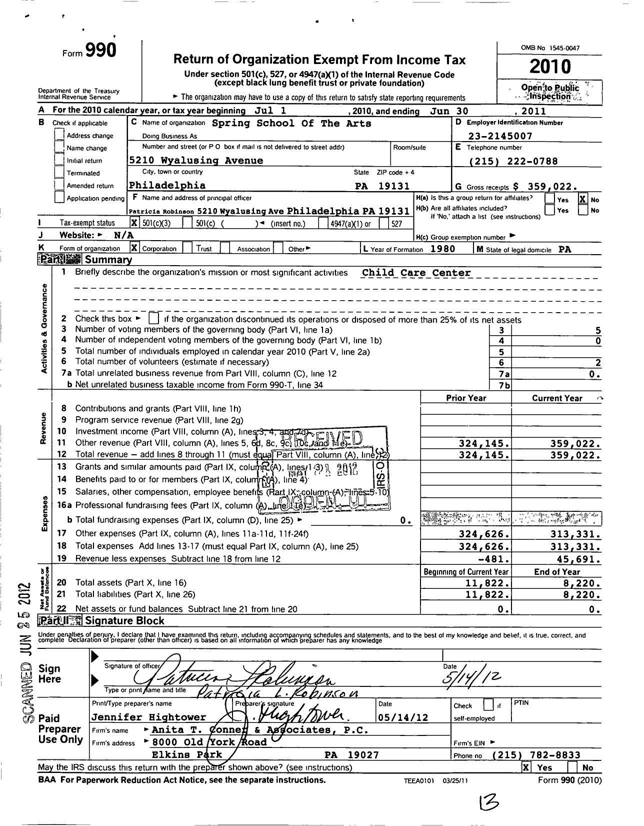 Image of first page of 2010 Form 990 for Spring School