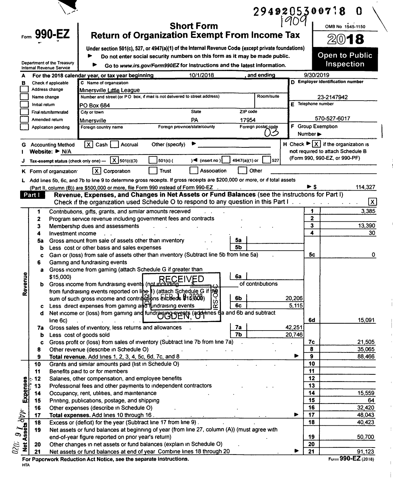 Image of first page of 2018 Form 990EZ for Little League Baseball - 2382406 Minersville LL