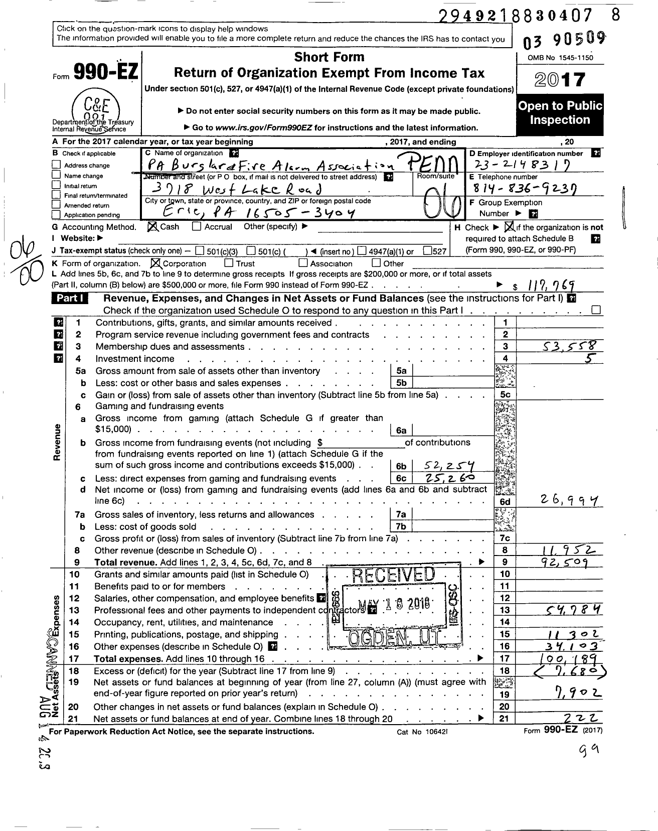 Image of first page of 2017 Form 990EO for Pennsylvania Burglar and Fire Alarm Association