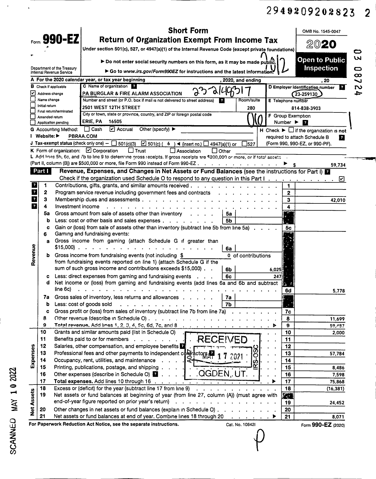 Image of first page of 2020 Form 990EO for Pennsylvania Burglar and Fire Alarm Association