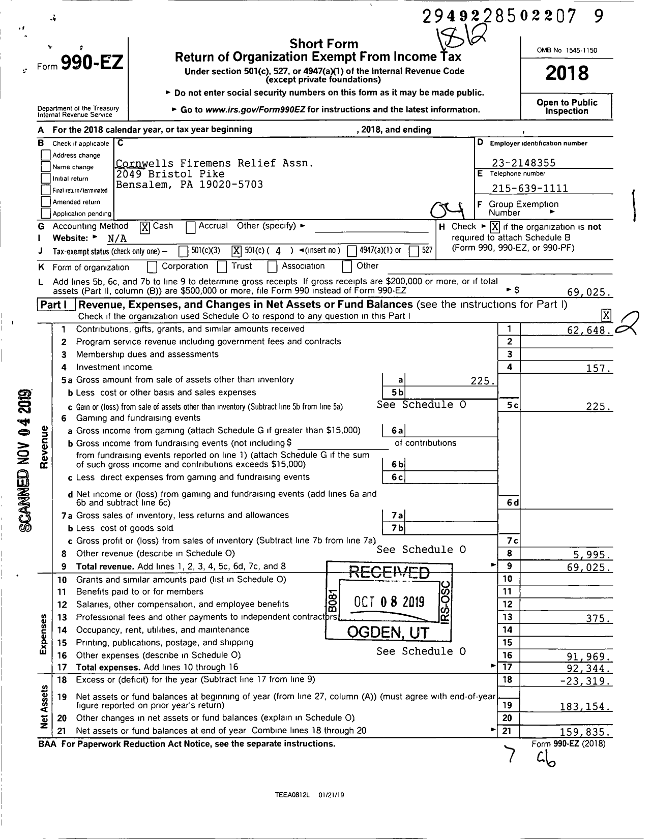 Image of first page of 2018 Form 990EO for Cornwells Firemens Relief Assn