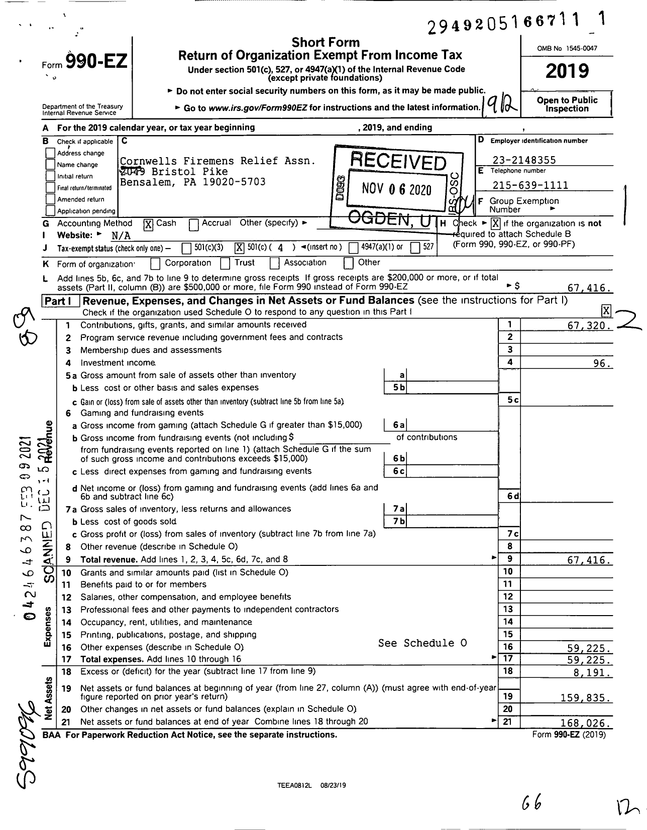 Image of first page of 2019 Form 990EO for Cornwells Firemens Relief Assn