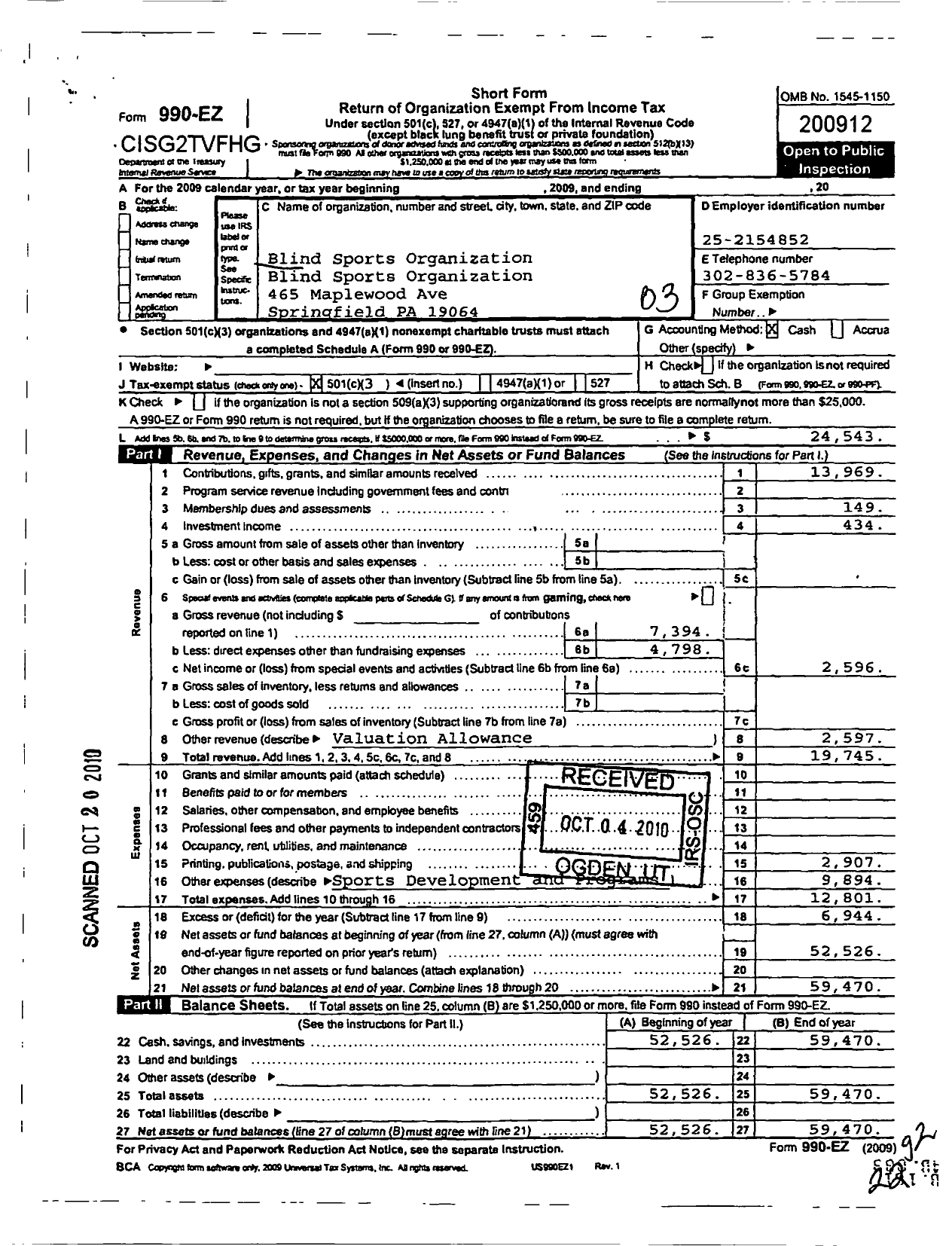 Image of first page of 2009 Form 990ER for Blind Sports Organization