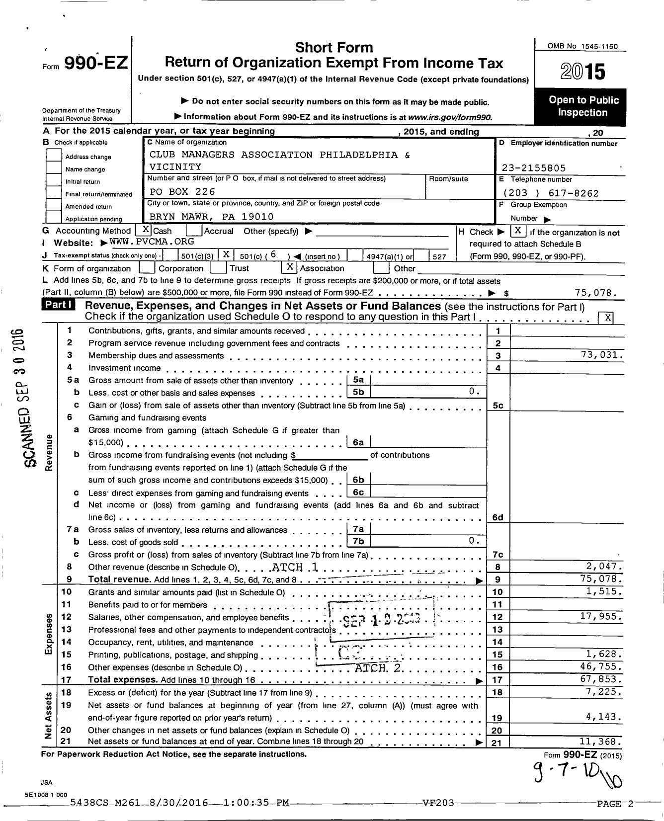 Image of first page of 2015 Form 990EO for Club Managers Association Philadelphia & Vicinity