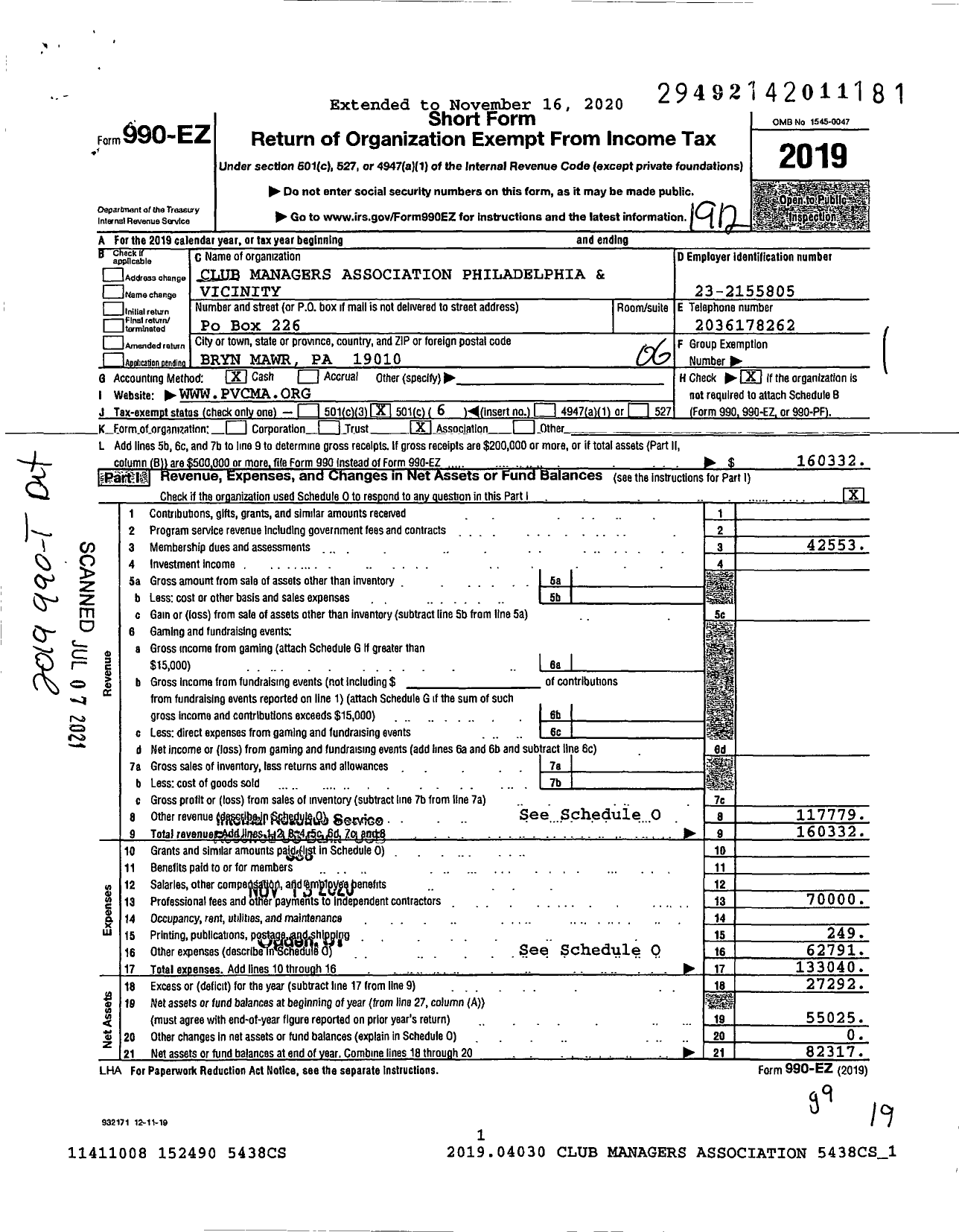 Image of first page of 2019 Form 990EO for Club Managers Association Philadelphia & Vicinity