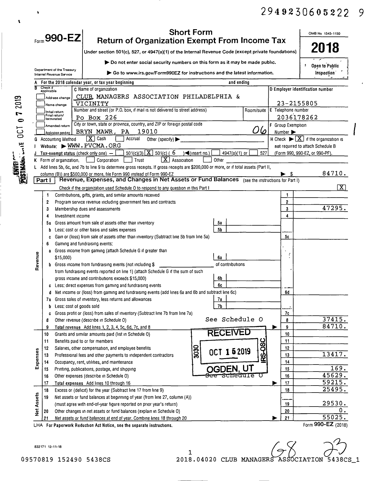 Image of first page of 2018 Form 990EO for Club Managers Association Philadelphia & Vicinity