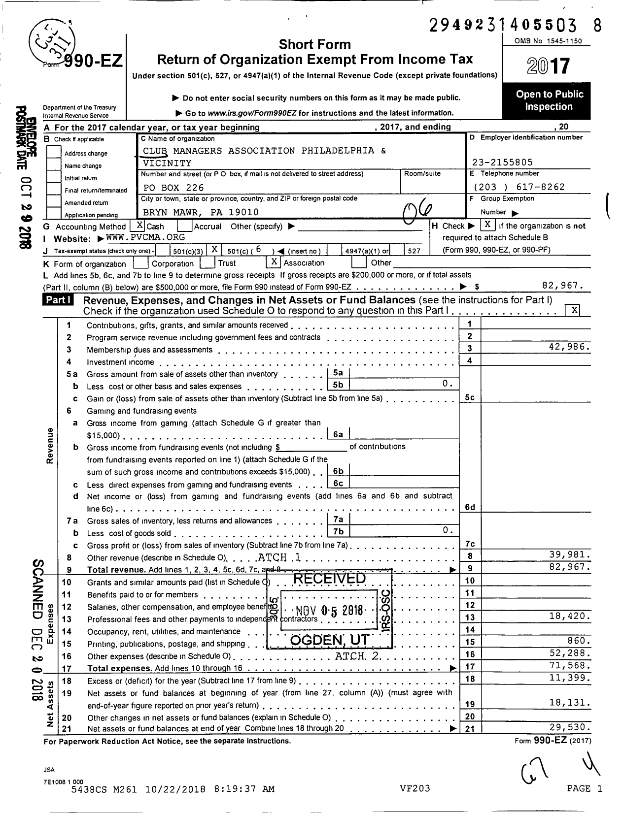 Image of first page of 2017 Form 990EO for Club Managers Association Philadelphia & Vicinity