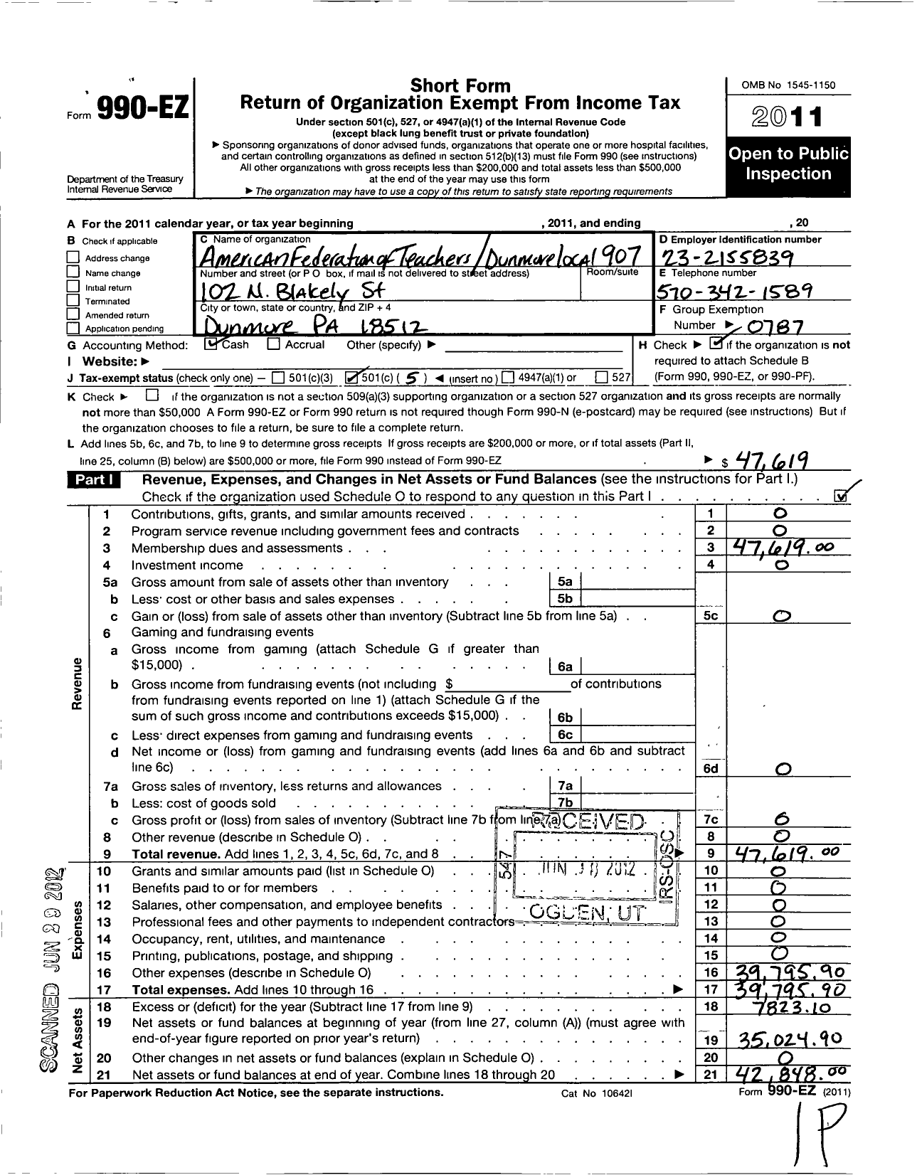 Image of first page of 2011 Form 990EO for American Federation of Teachers - 907 Dunmore