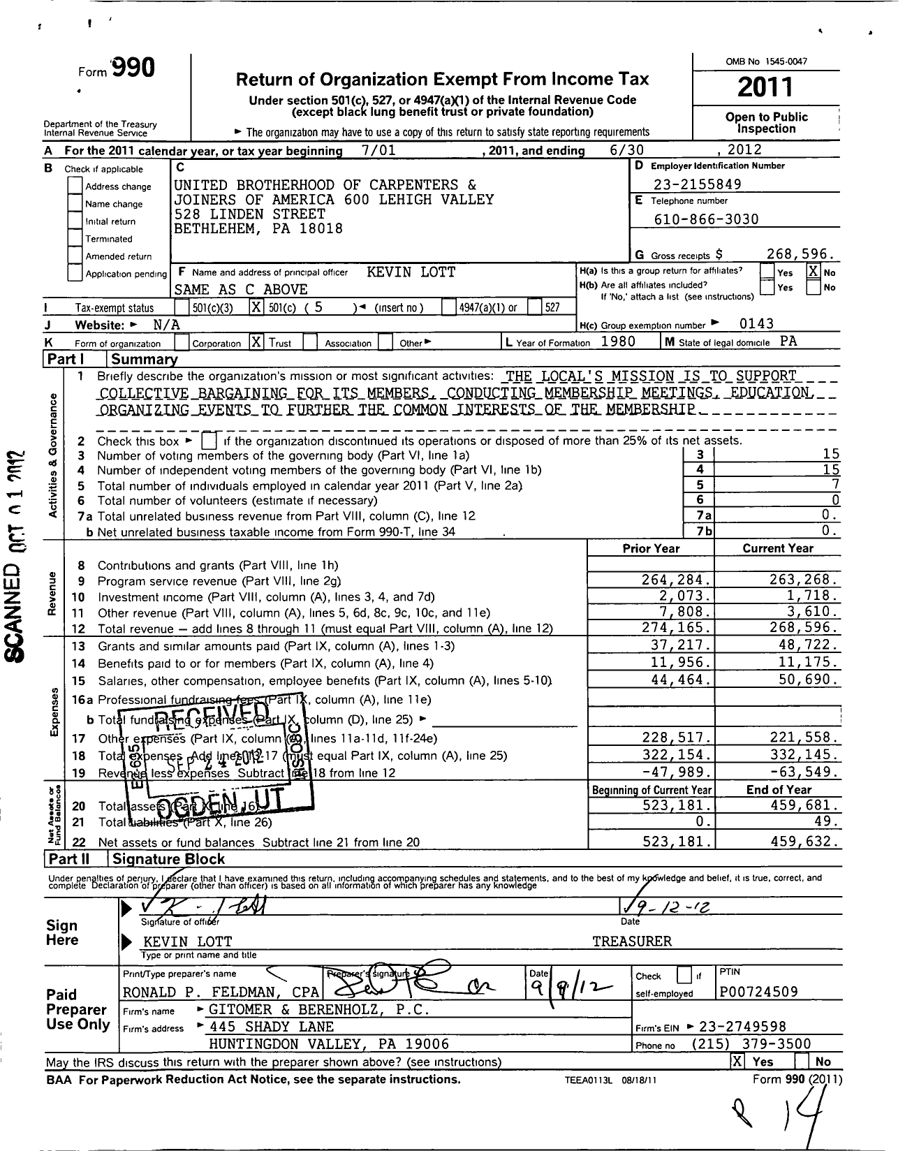 Image of first page of 2011 Form 990O for United Brotherhood of Carpenters & Joiners - 600 Lehigh Valley