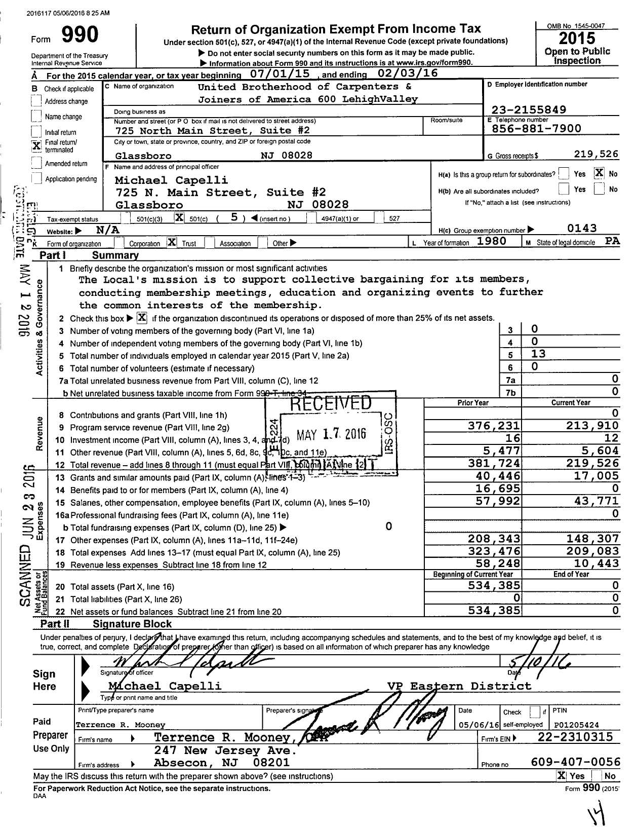 Image of first page of 2015 Form 990O for United Brotherhood of Carpenters & Joiners - 600 Lehigh Valley