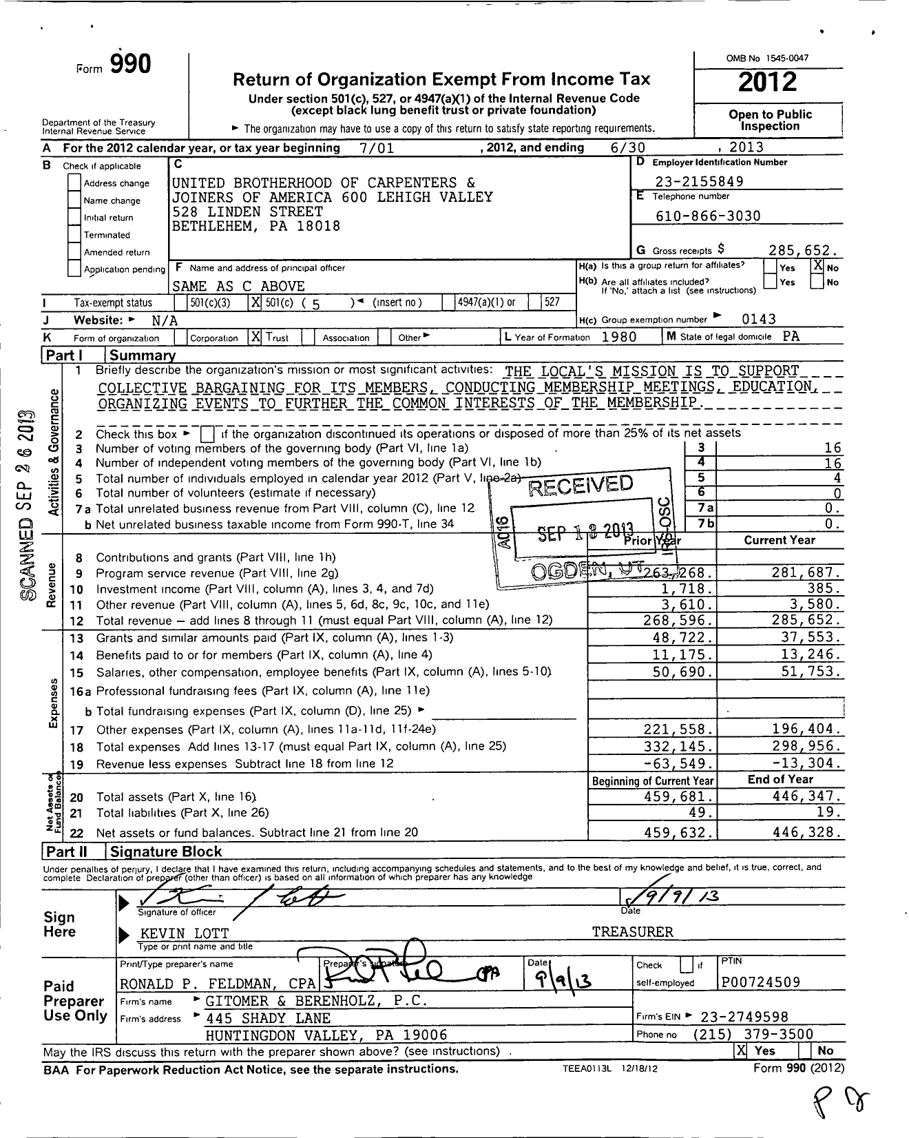 Image of first page of 2012 Form 990O for United Brotherhood of Carpenters & Joiners - 600 Lehigh Valley