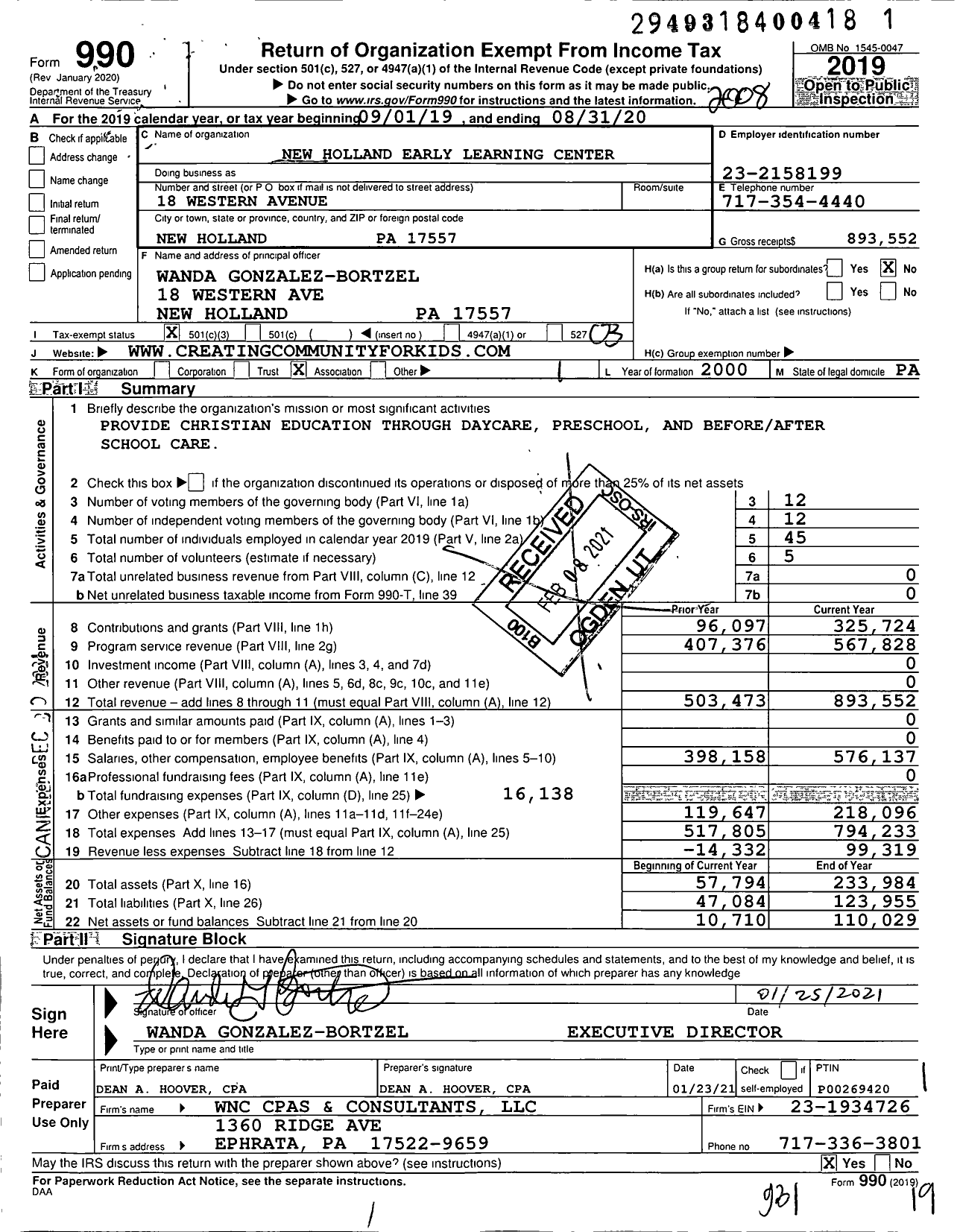 Image of first page of 2019 Form 990 for New Holland Early Learning Center