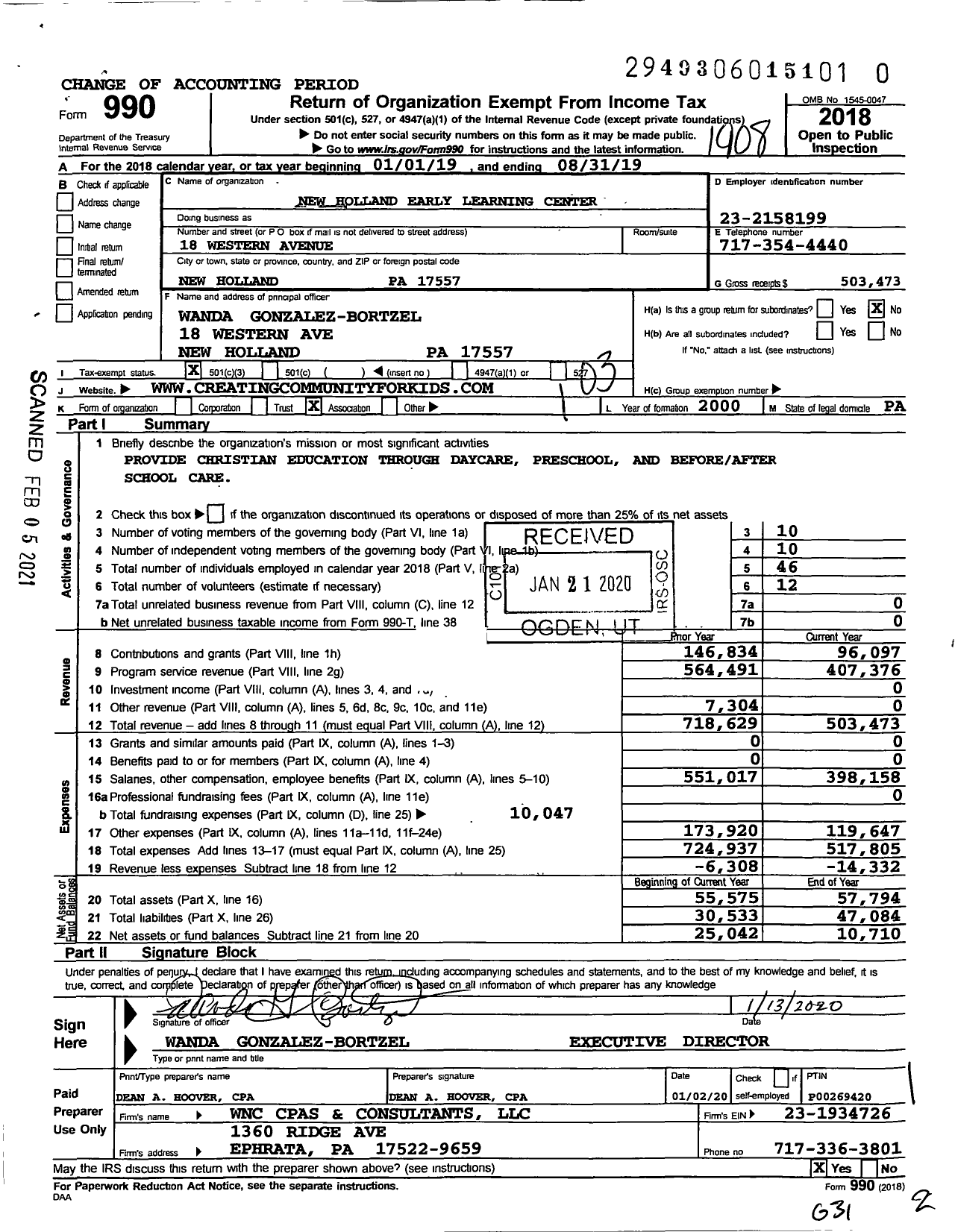 Image of first page of 2018 Form 990 for New Holland Early Learning Center