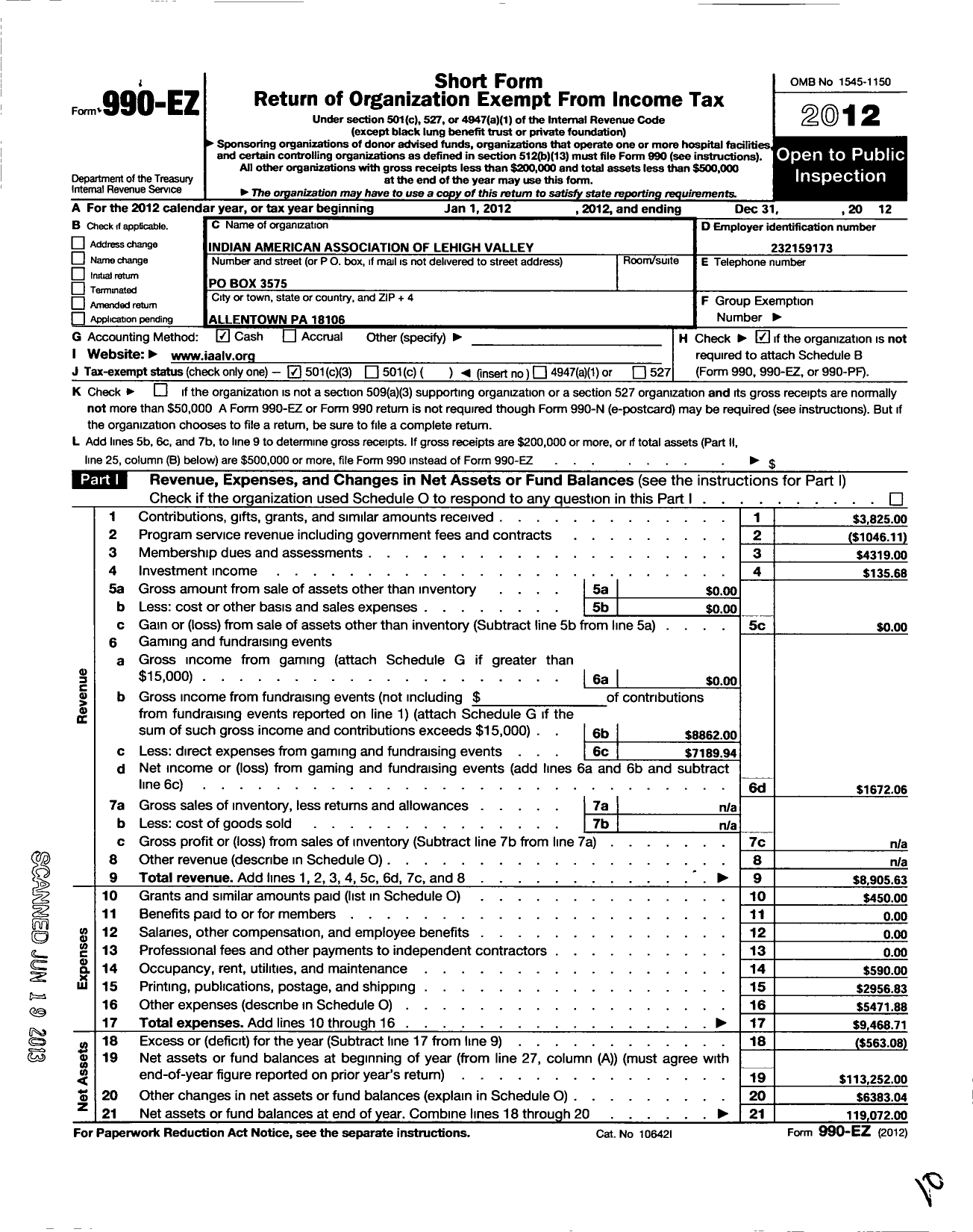 Image of first page of 2012 Form 990EZ for Indian American Association of Lehigh