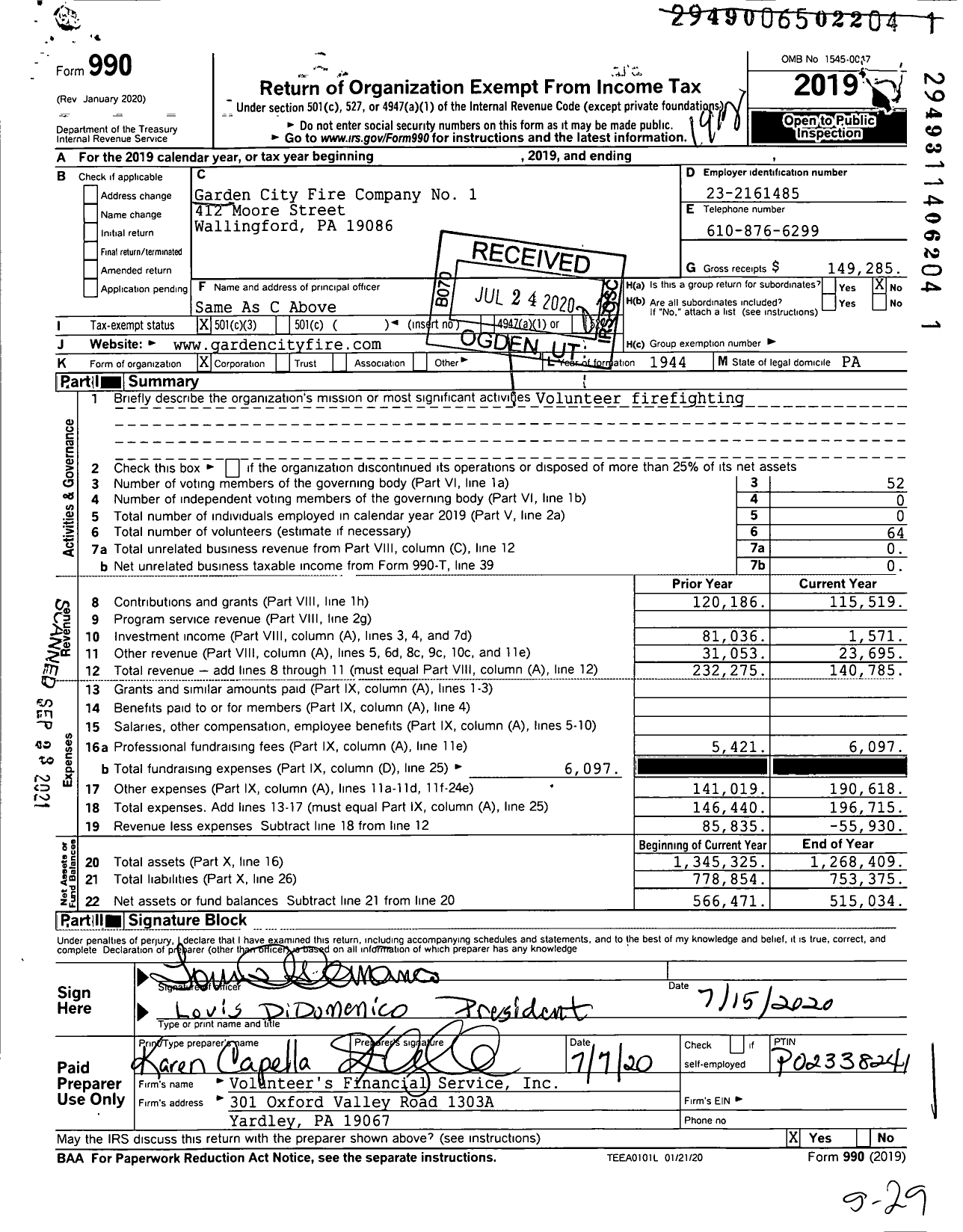 Image of first page of 2019 Form 990 for Garden City Fire Company No 1