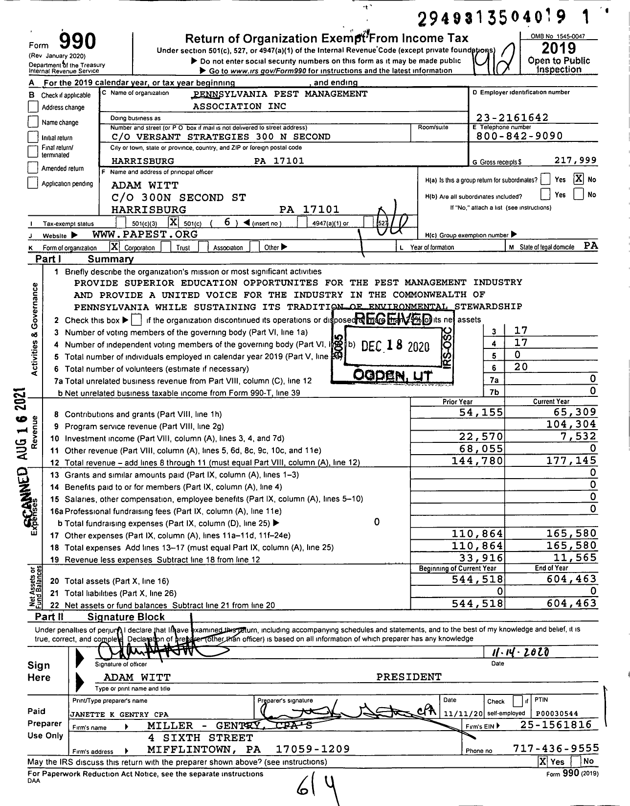 Image of first page of 2019 Form 990O for Pennsylvania Pest Management Association