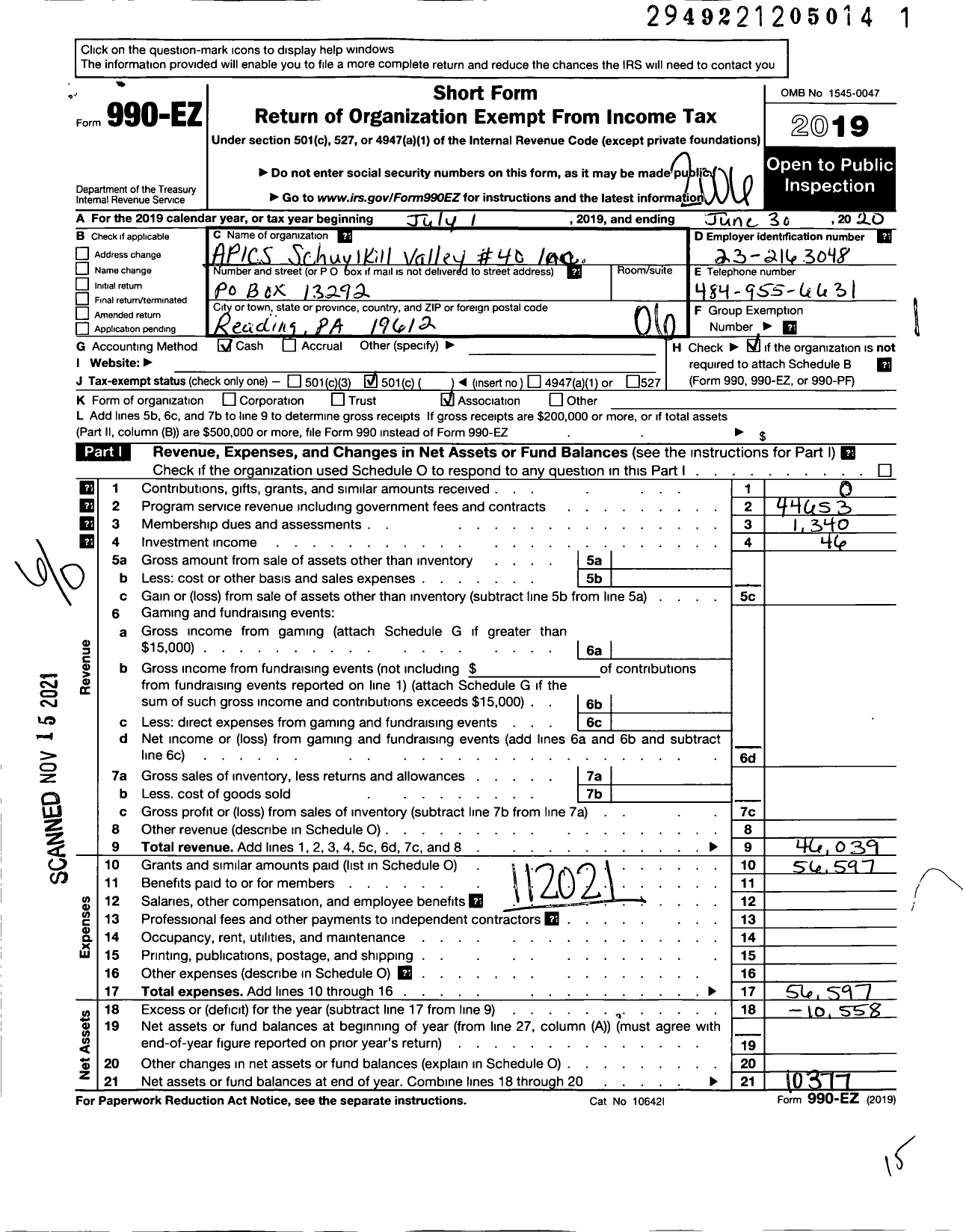 Image of first page of 2019 Form 990EO for Apics Schuylkill Valley 40