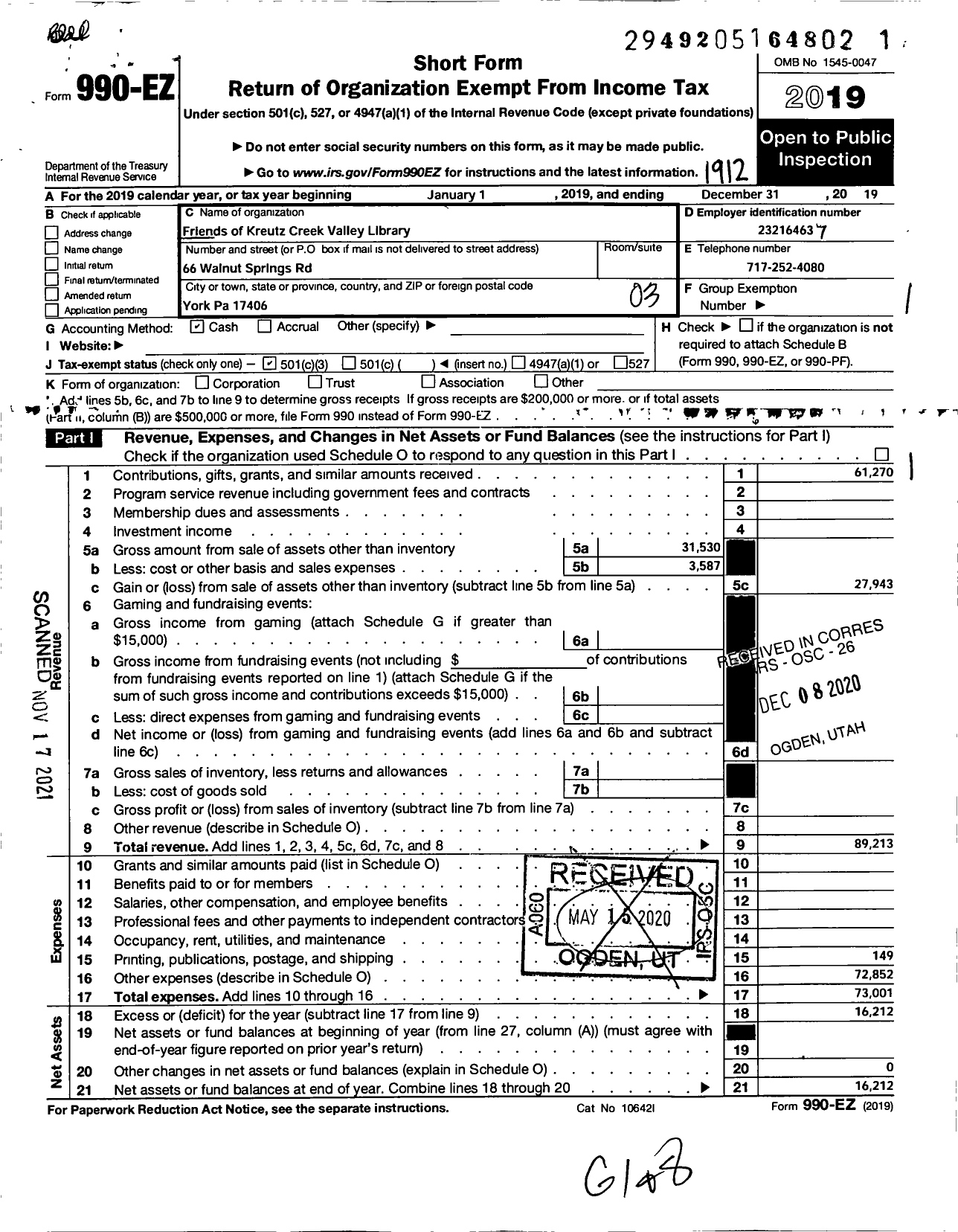 Image of first page of 2019 Form 990EZ for Friends of Kreutz Creek Valley Library Center