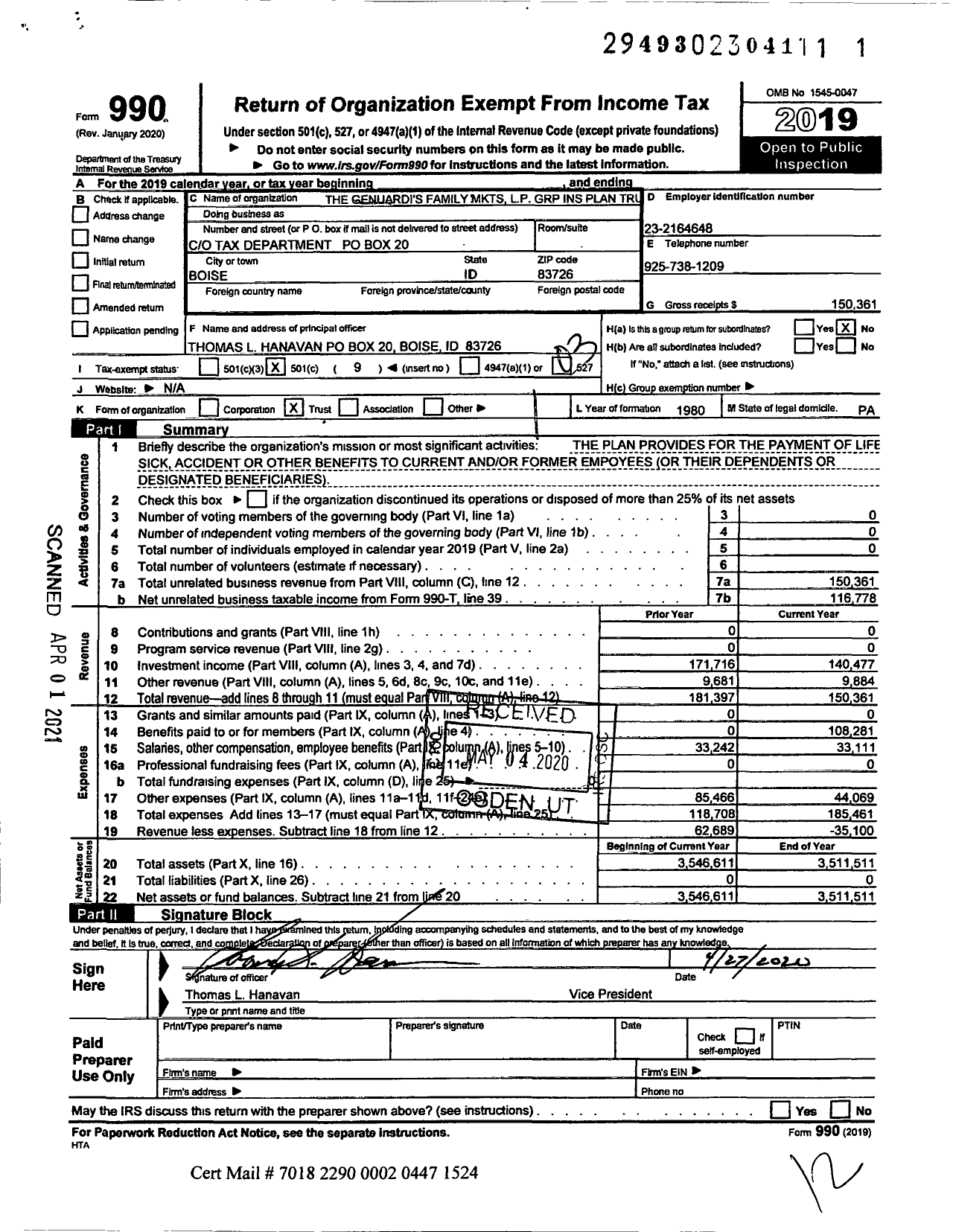 Image of first page of 2019 Form 990 for The Genuardi's Family MKTS LP Group Ins Plan Trust