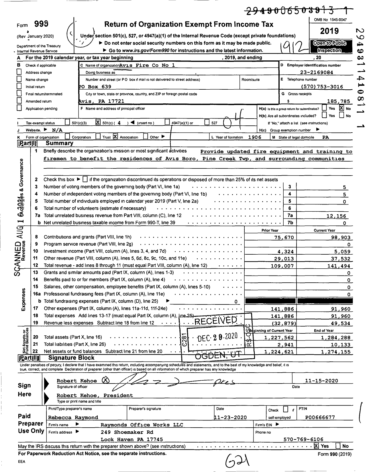 Image of first page of 2019 Form 990O for Avis Fire Co No 1