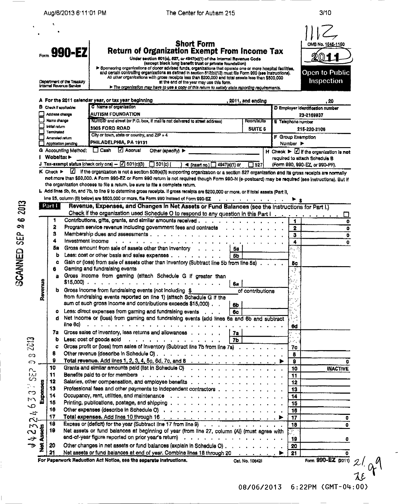 Image of first page of 2011 Form 990EZ for Autism Foundation