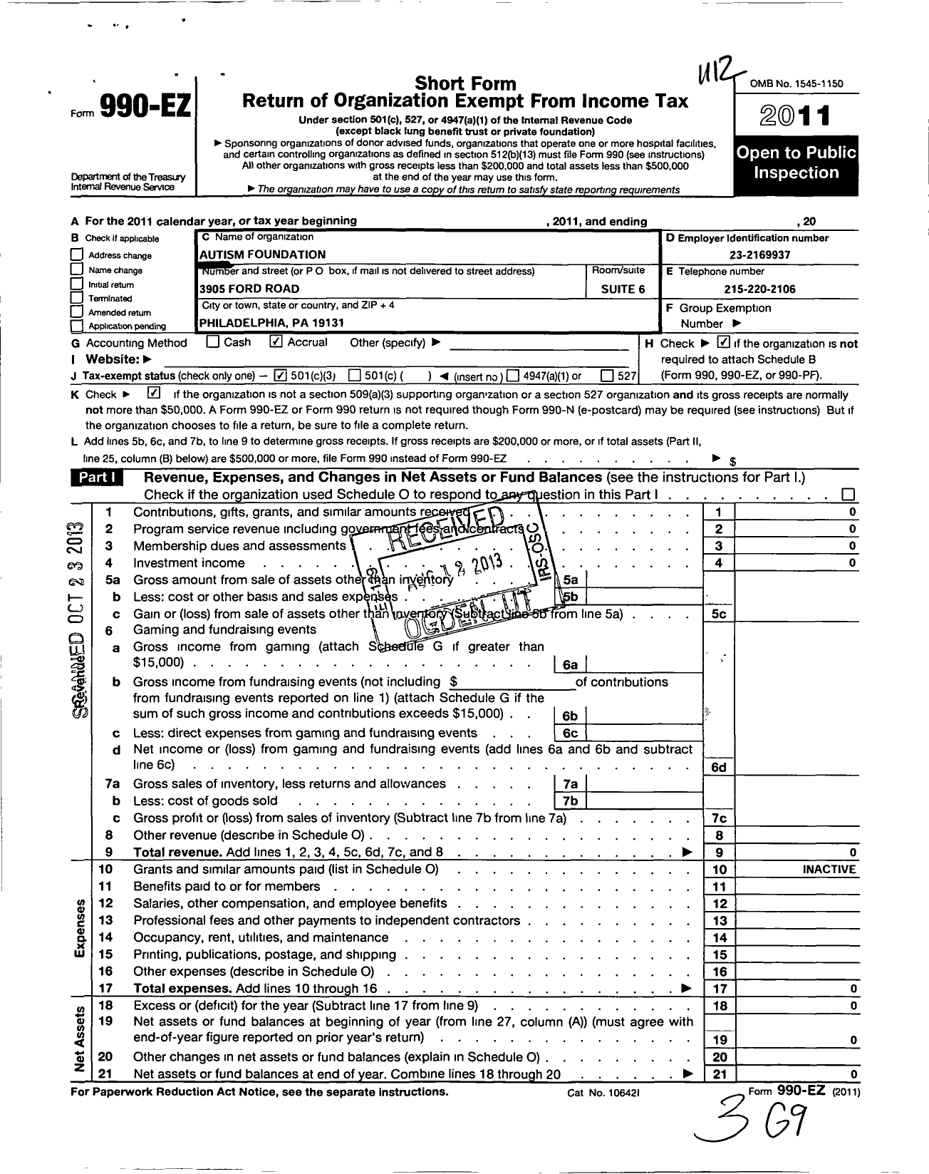 Image of first page of 2011 Form 990EZ for Autism Foundation