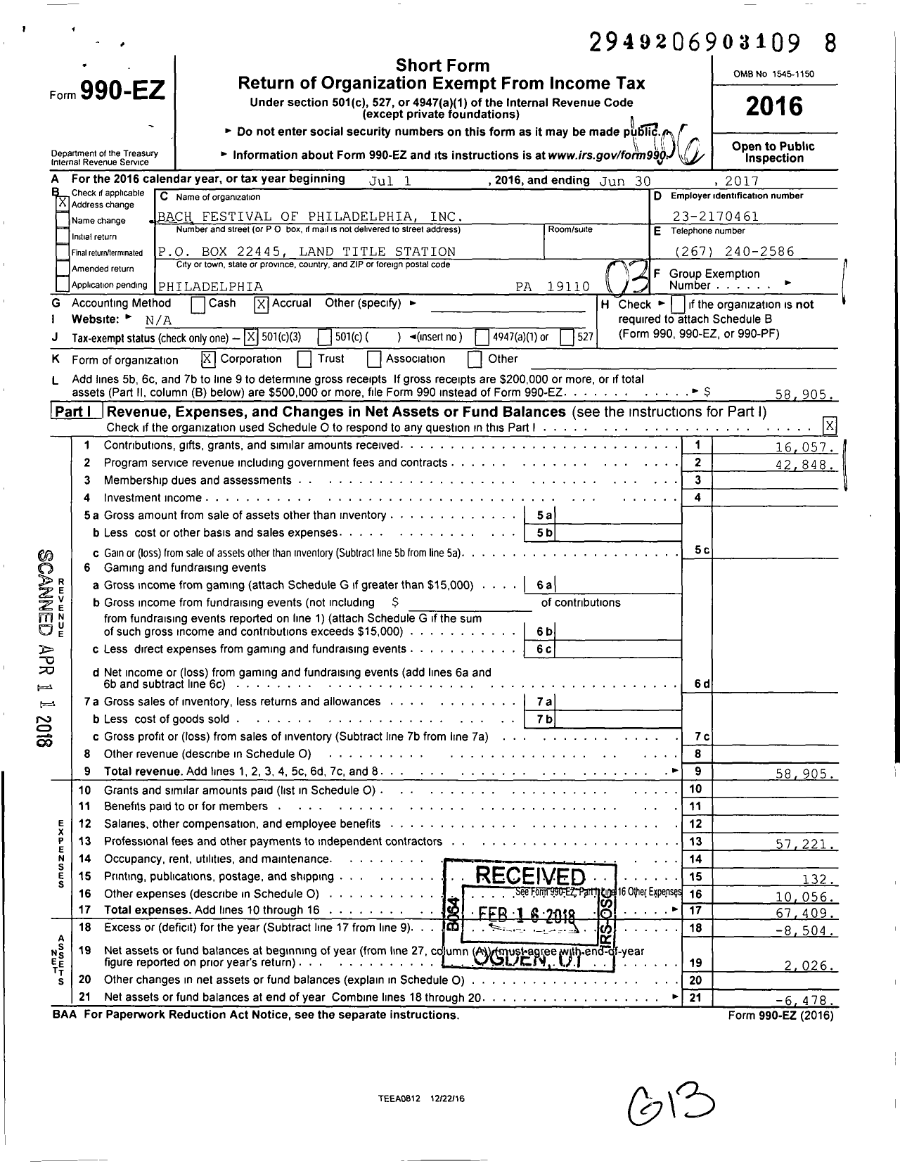 Image of first page of 2016 Form 990EZ for Bach Festival of Philadelphia