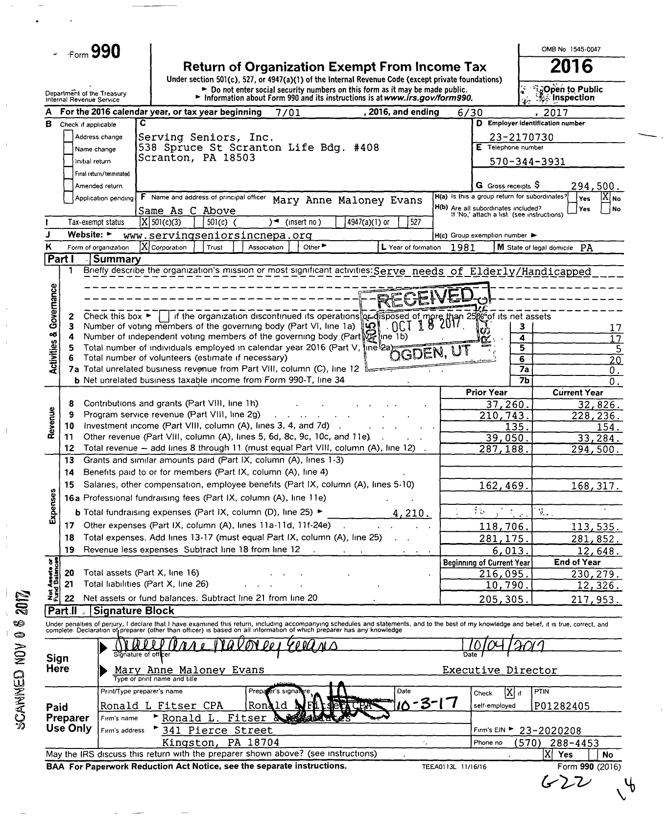 Image of first page of 2016 Form 990 for Serving Seniors