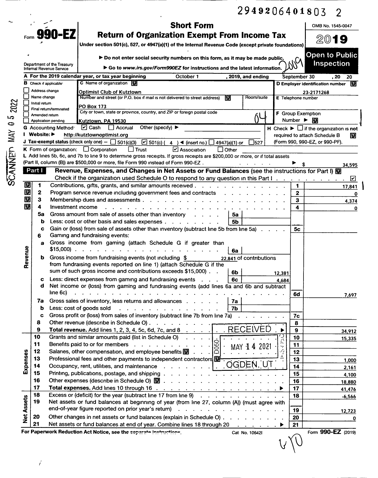 Image of first page of 2019 Form 990EO for Optimist International - 02168 Oc of Kutztown Pa