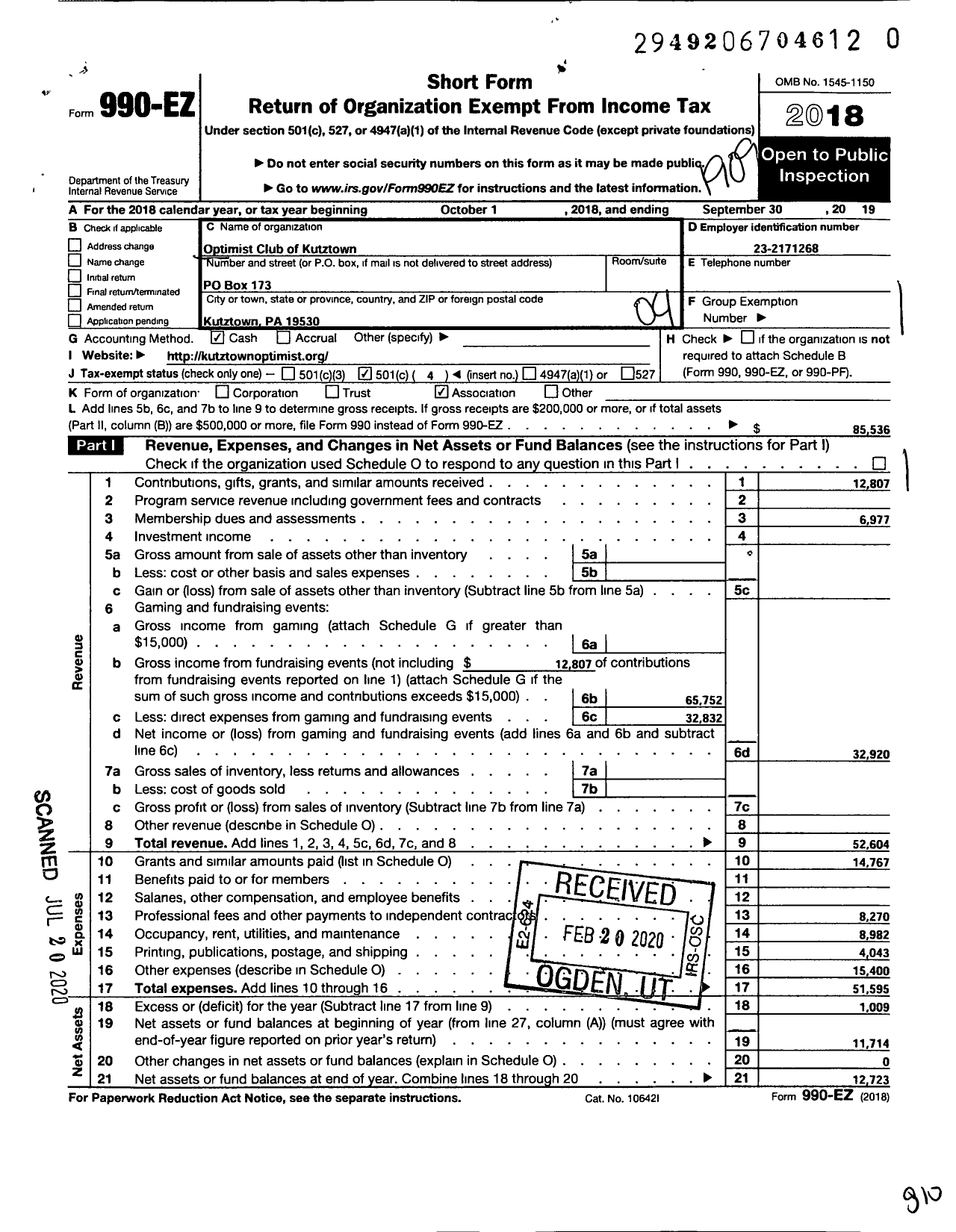 Image of first page of 2018 Form 990EO for Optimist International - 02168 Oc of Kutztown Pa