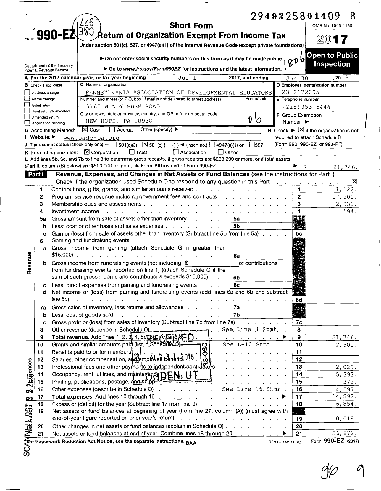 Image of first page of 2017 Form 990EO for The Pennsylvania Chapter of the National Organization for Student