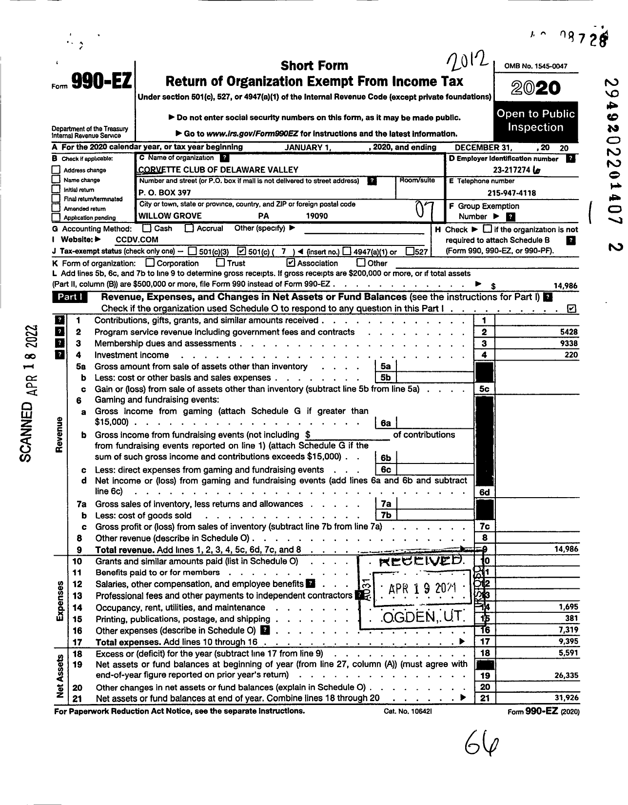 Image of first page of 2020 Form 990EO for Corvette Club of Delaware Valley