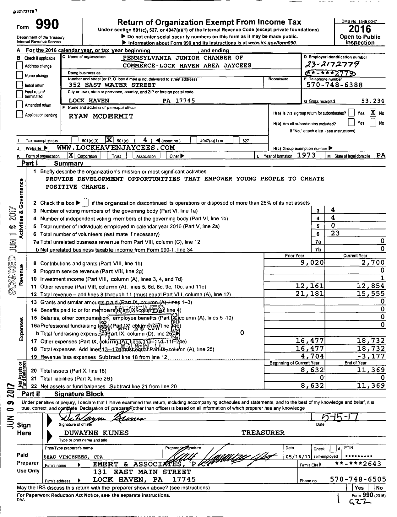 Image of first page of 2016 Form 990O for Pennsylvania Junior Chamber of Commerce-Lock Haven Area Jaycees